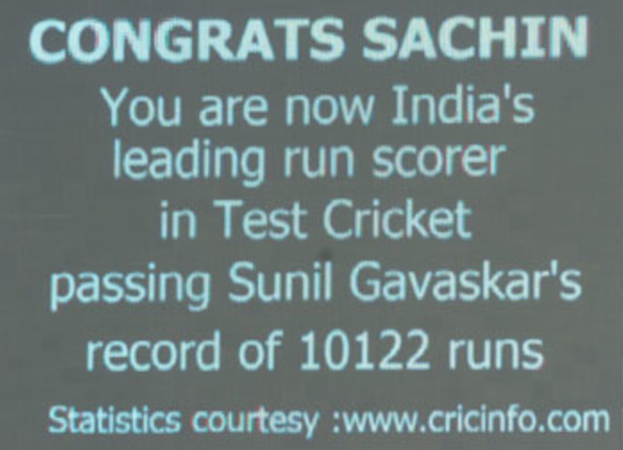 When it was India's time to bat for the second time, the crowd keenly looked forward those 5 runs which would take Sachin Tendulkar past Sunil Gavaskar's record of 10122 runs. And when Sachin Tendulkar took that single off Mohammad Sami, he had become India's leading run scorer in test cricket., 3rd Test: India v Pakistan at Bangalore, 24-28 March 2005