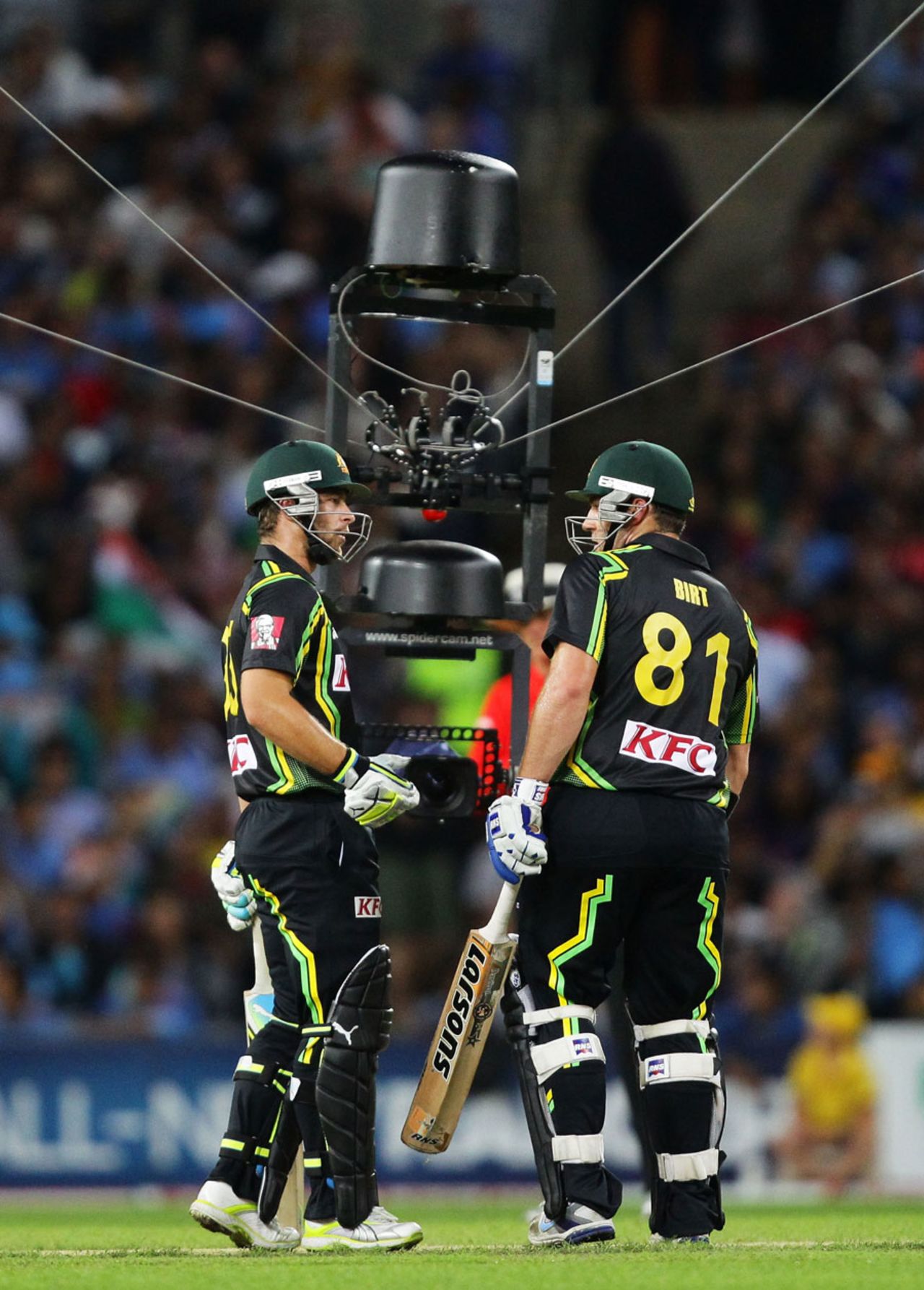 Matthew Wade and Travis Birt are filmed by the spider cam, Australia v India, 1st Twenty20, Stadium Australia, Sydney, February 1, 2012