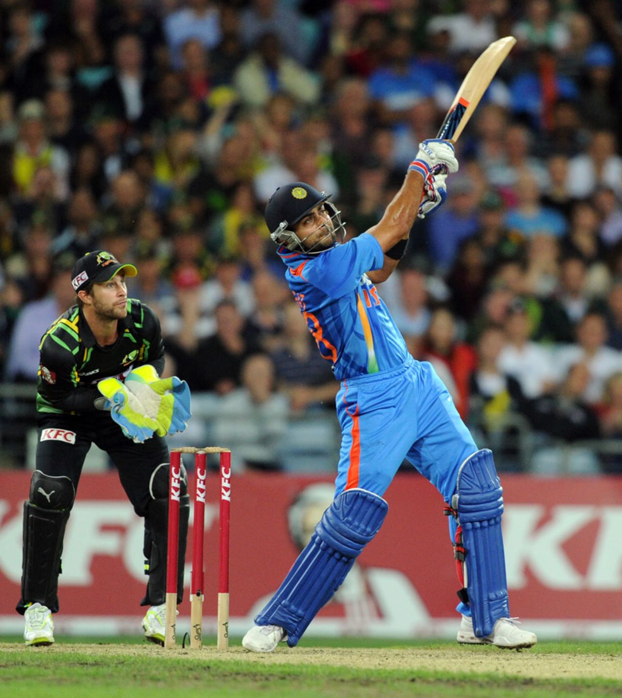 Virat Kohli lofts over long-on for six, Australia v India, 1st Twenty20, Stadium Australia, Sydney, February 1, 2012