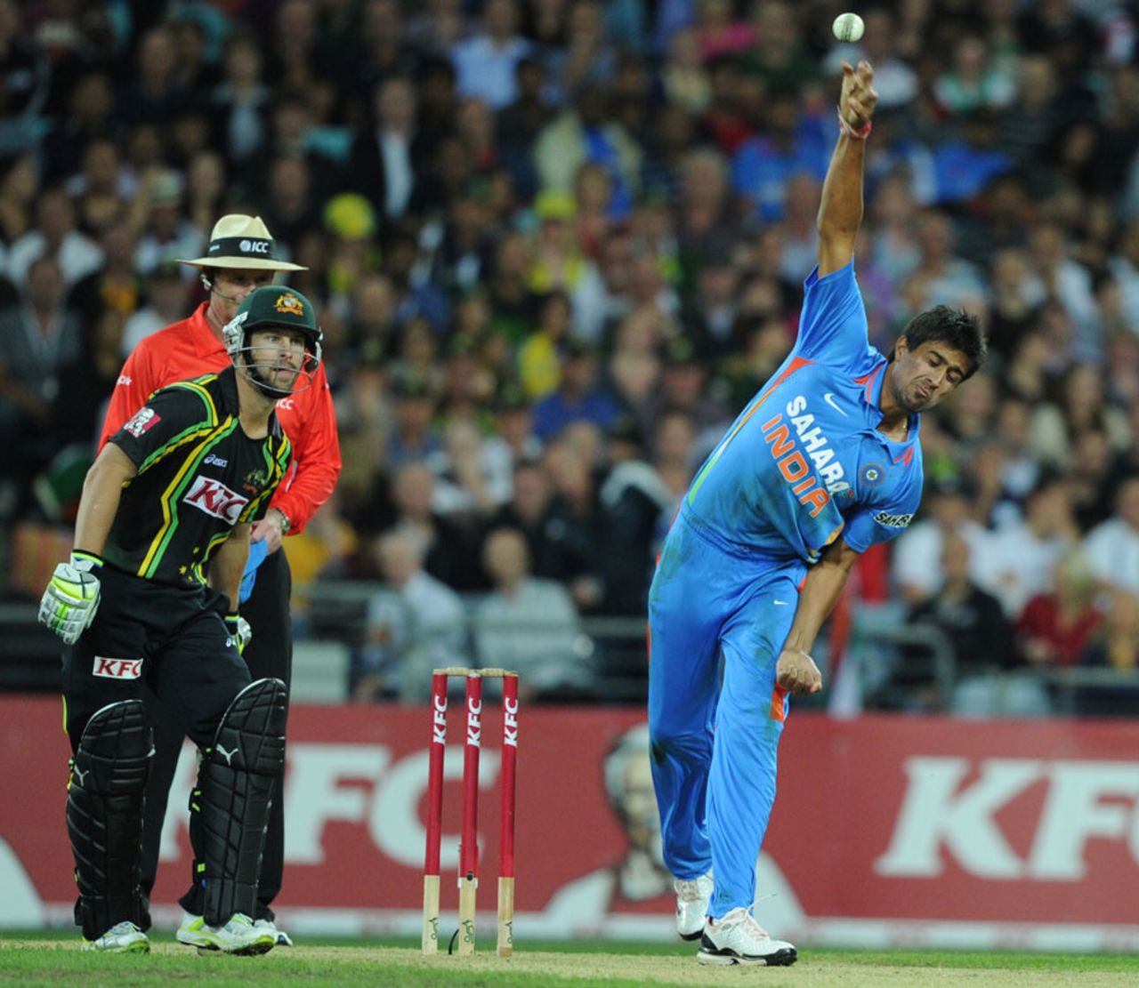 Rahul Sharma releases the ball, Australia v India, 1st Twenty20, Stadium Australia, Sydney, February 1, 2012