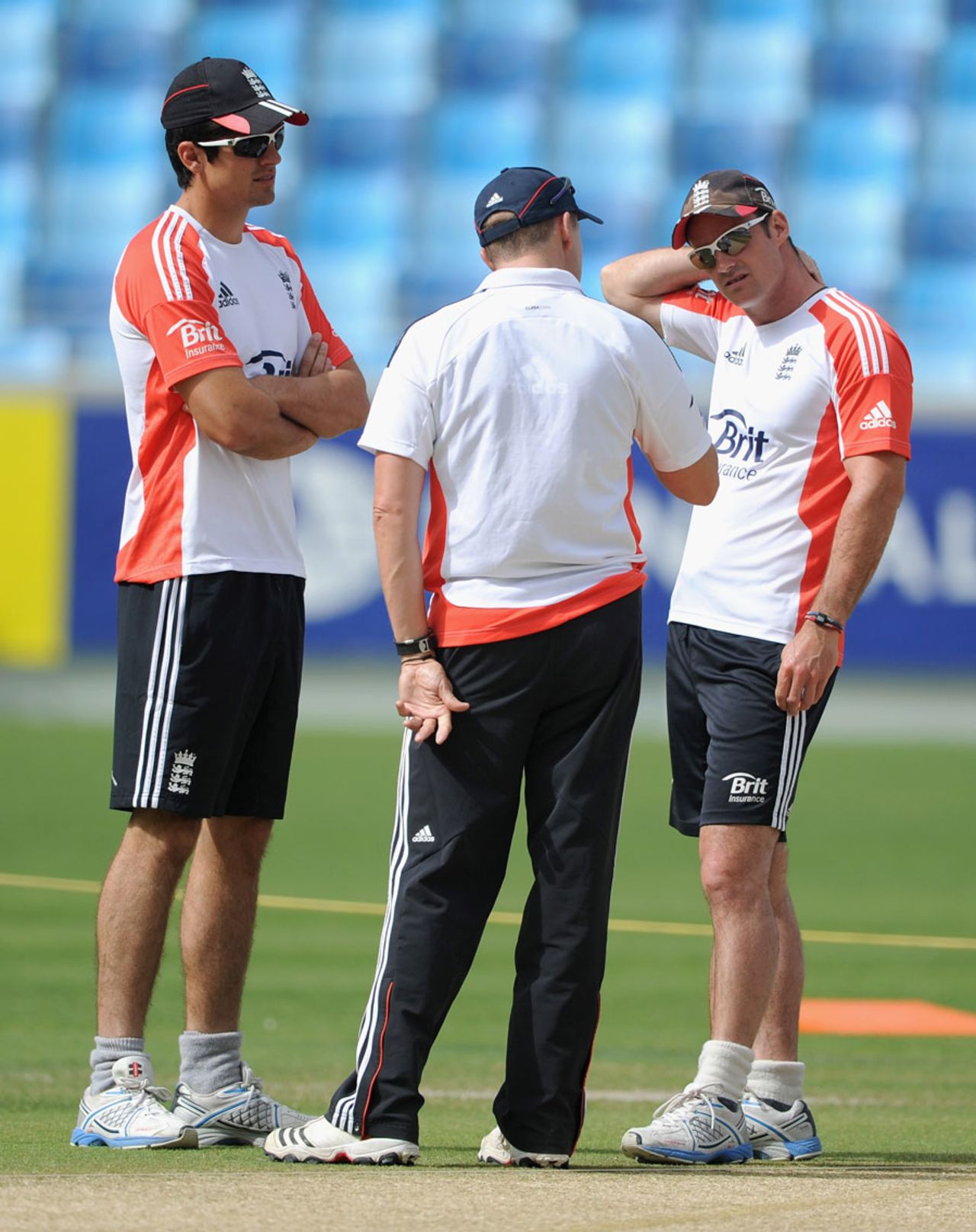 Alastair Cook, Andy Flower and Andrew Strauss mull things over ahead of the final Test of the series, Dubai, February, 2, 2012