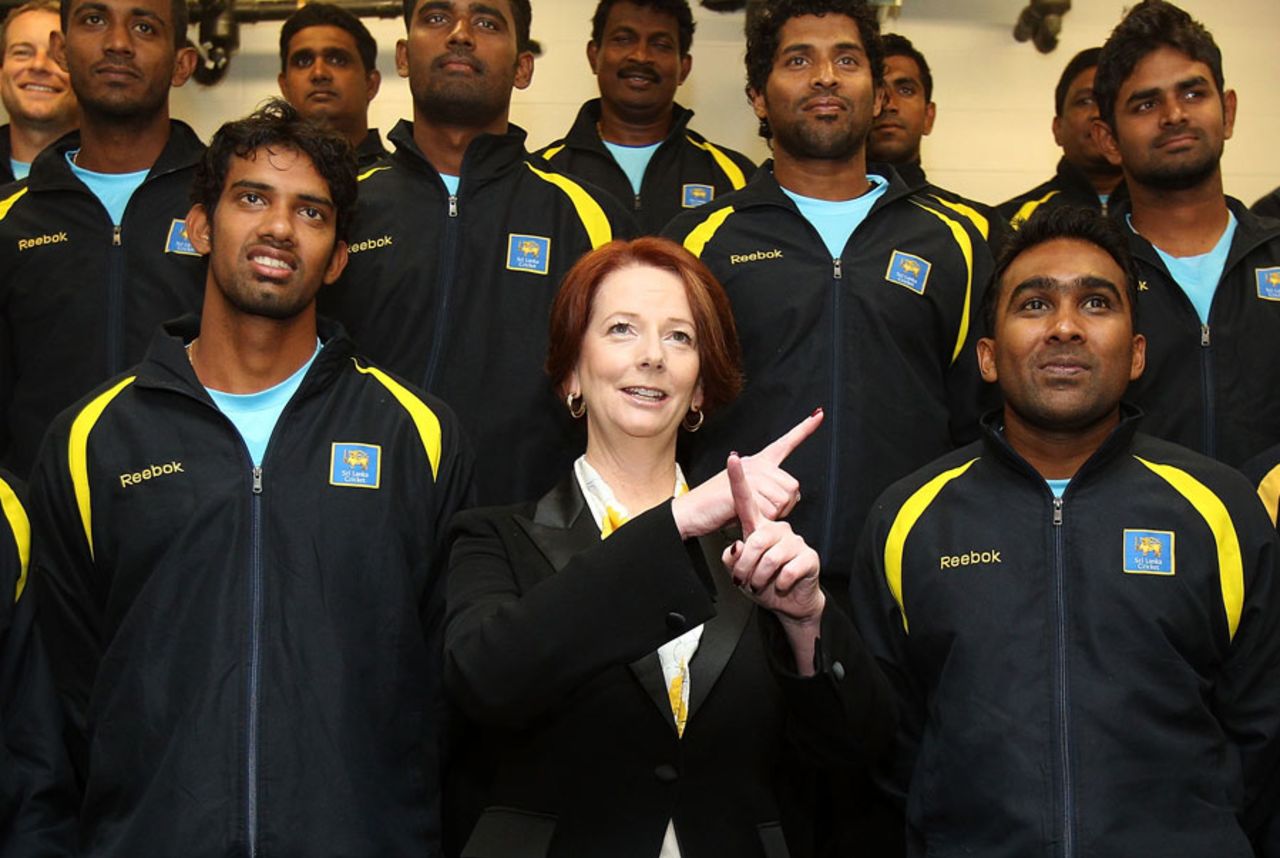 Australian Prime Minister Julia Gillard with the Sri Lanka team at the Manuka Oval, Canberra, February 3, 2012