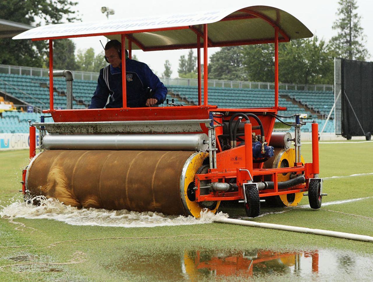 A super-sopper being used to dry the outfield, Prime Minister's XI v Sri Lankans, warm-up game, Canberra, February 3, 2012