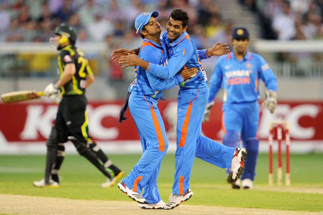 Suresh Raina and Ravindra Jadeja are thrilled after a wicket, Australia v India, 2nd T20I, Melbourne, February 3, 2012