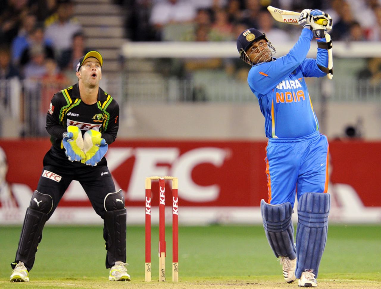 Virender Sehwag lofts down the ground, Australia v India, 2nd T20I, Melbourne, February 3, 2012