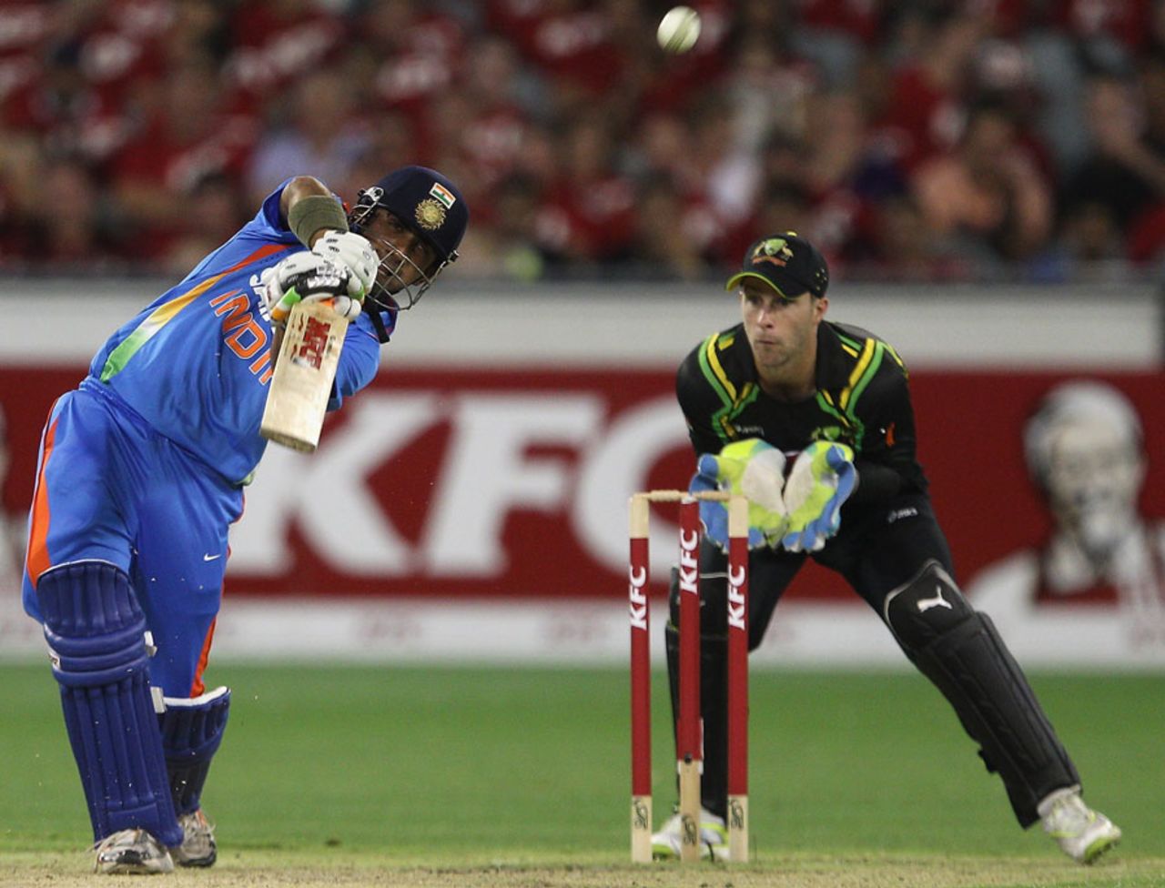 Gautam Gambhir lofts over extra cover, Australia v India, 2nd T20I, Melbourne, February 3, 2012