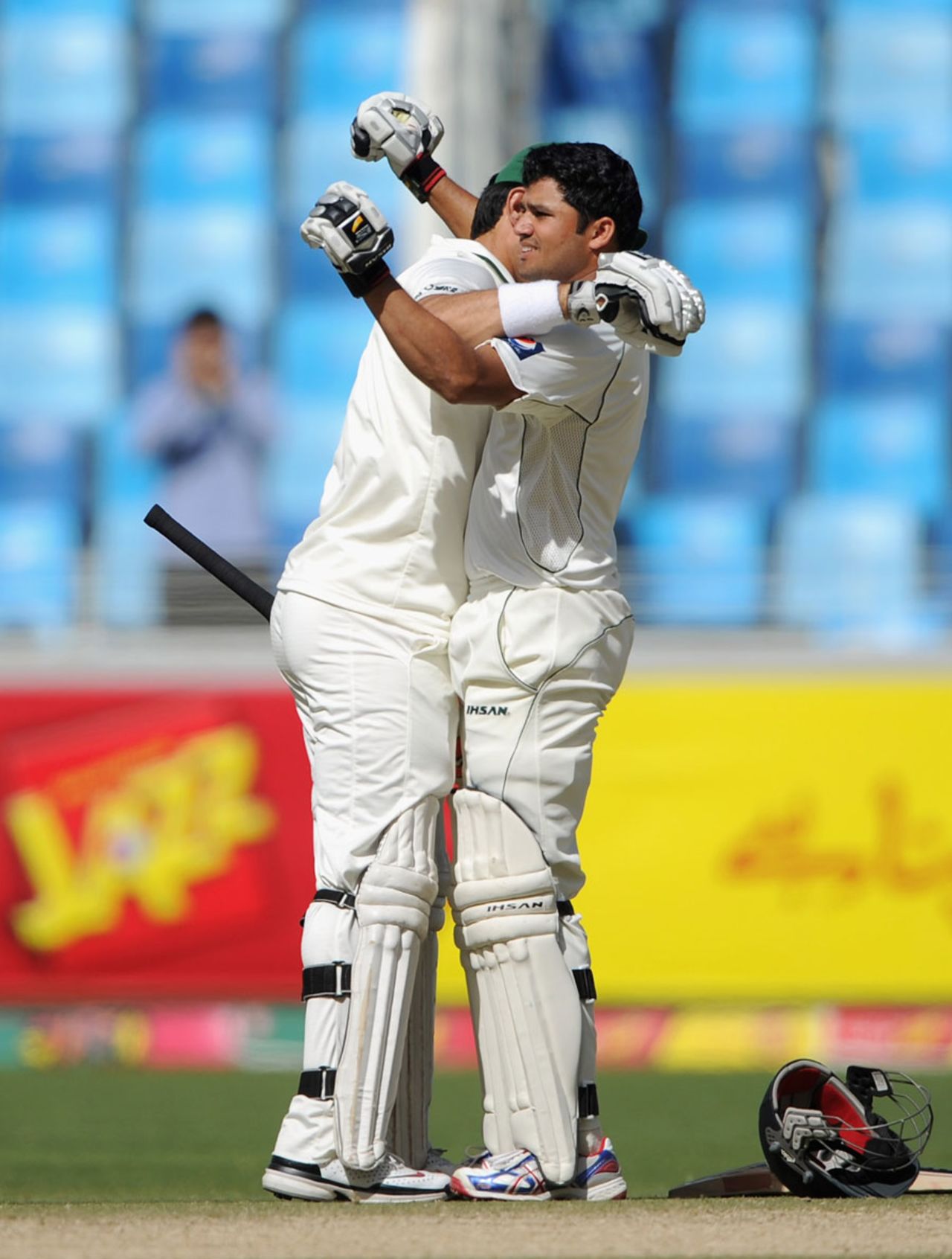 Misbah-ul-Haq congratulates Azhar Ali on his 319-ball century, Pakistan v England, 3rd Test, Dubai, 3rd day, February 5, 2012