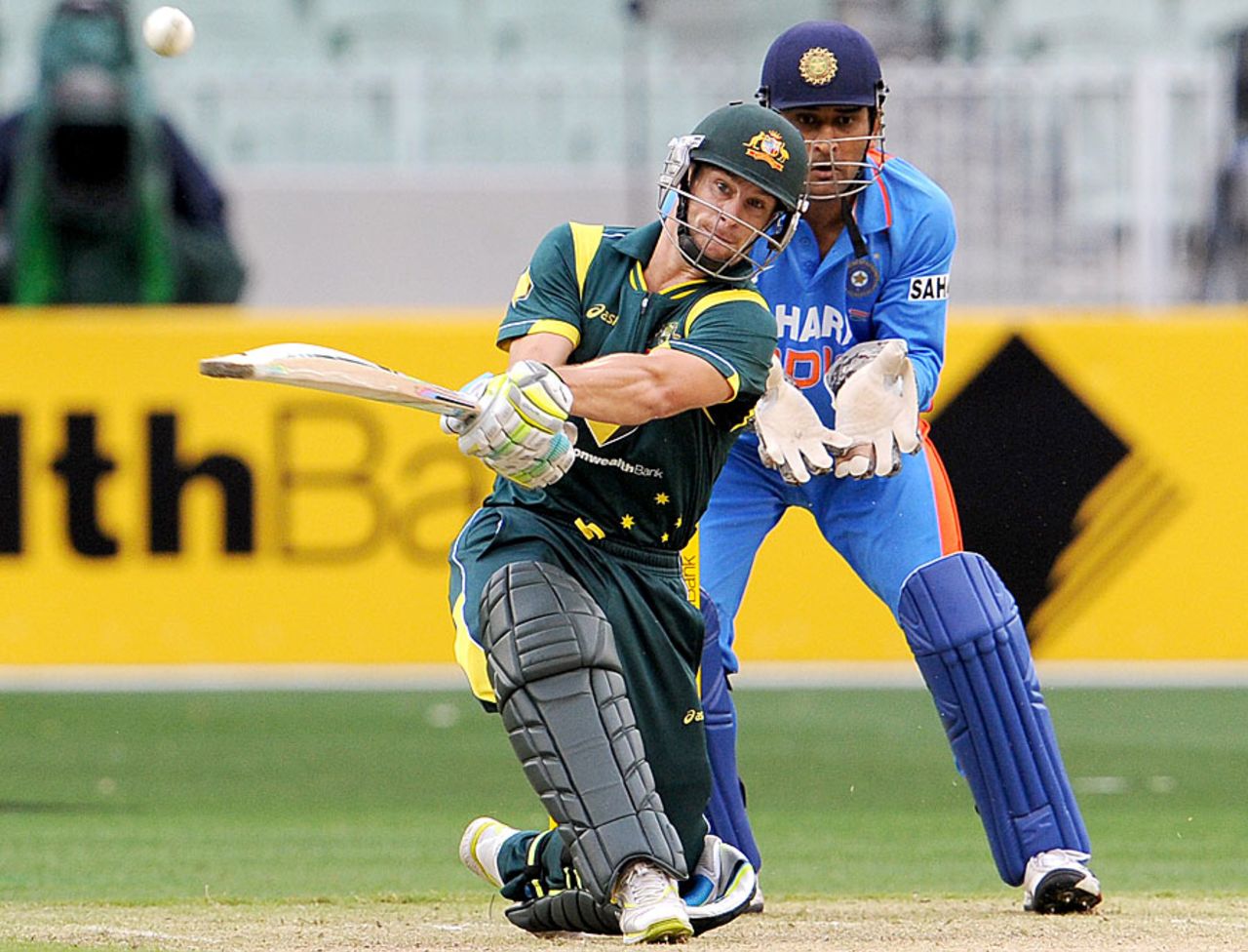 Matthew Wade gets aggressive with the sweep, Australia v India, CB Series, 1st ODI, Melbourne, February 5, 2012