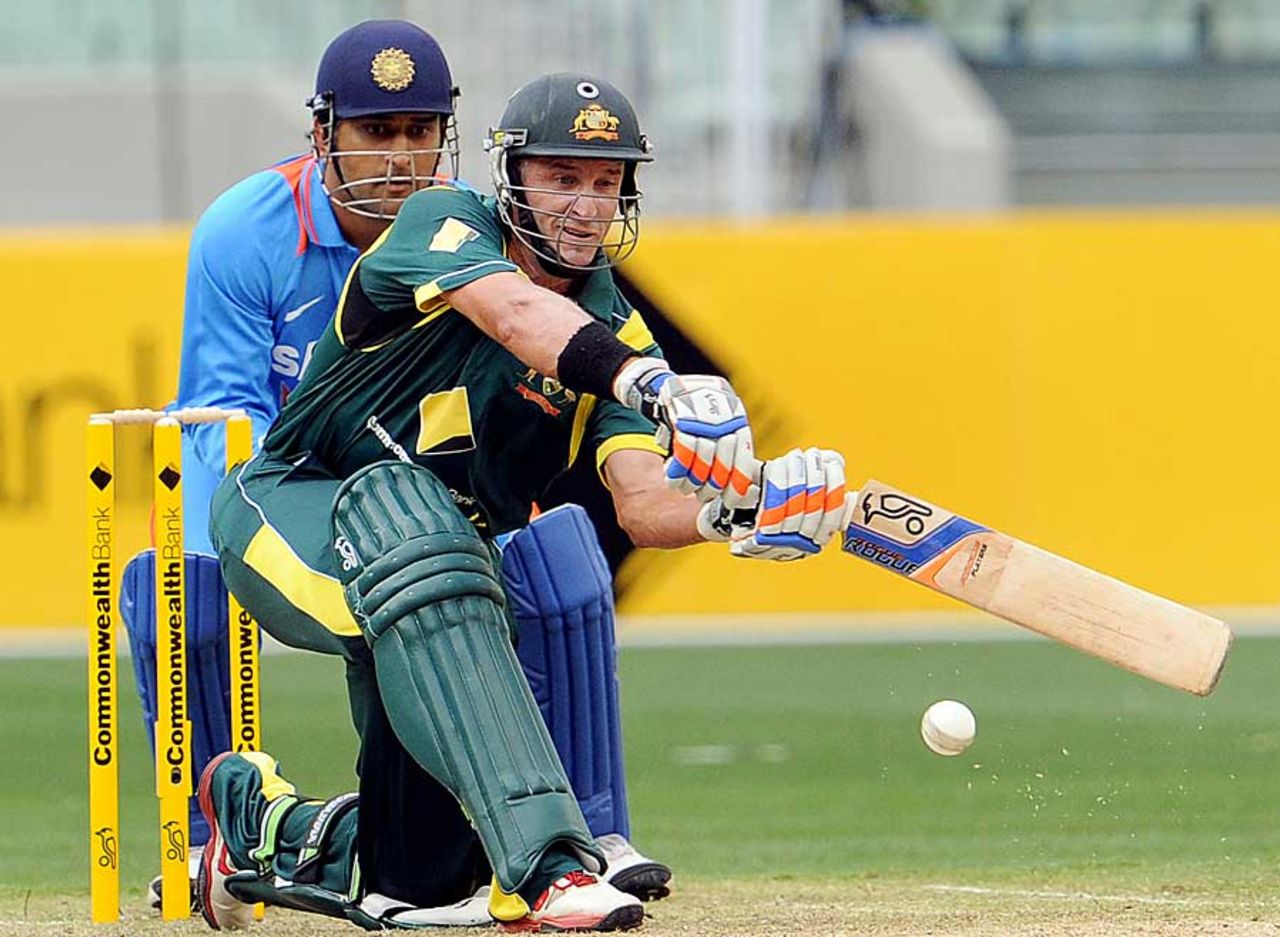 Michael Hussey plays the sweep, Australia v India, CB Series, 1st ODI, Melbourne, February 5, 2012