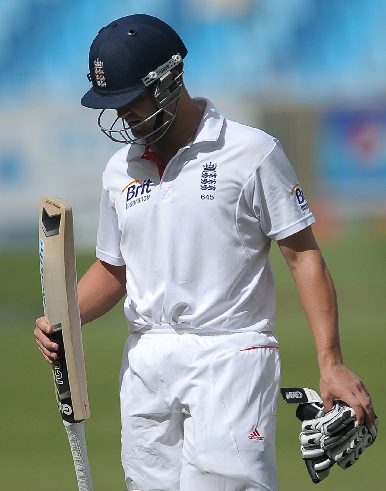 Jonathan Trott walks back after skying a catch, Pakistan v England, 3rd Test, Dubai, 4th day, February 6, 2012 