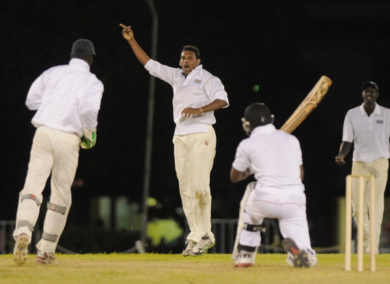 Ryan Austin celebrates one of his seven wickets in the first innings, Combined Campuses and Colleges v Trinidad & Tobago, Day 1, Bridgetown, Regional Four Day competition, February 3, 2012