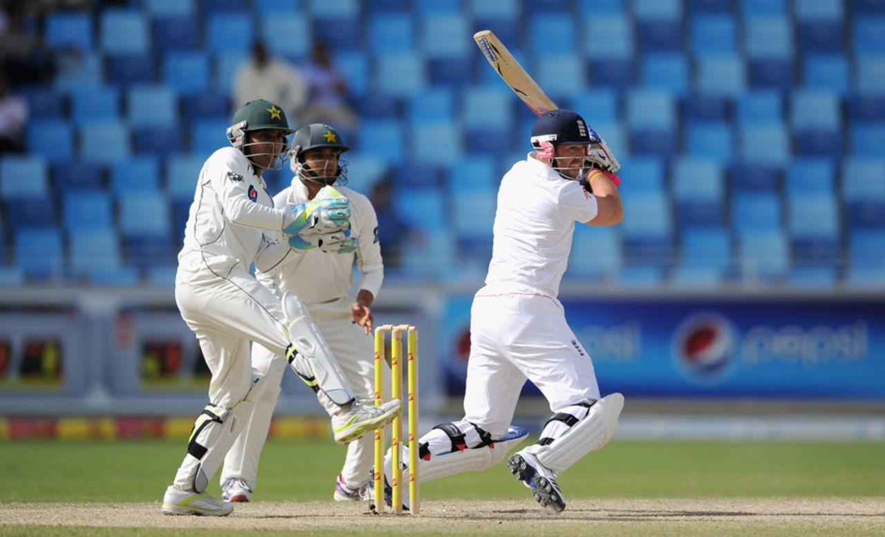 Matt Prior played aggressively for an unbeaten 49, Pakistan v England, 3rd Test, Dubai, 4th day, February 6, 2012 