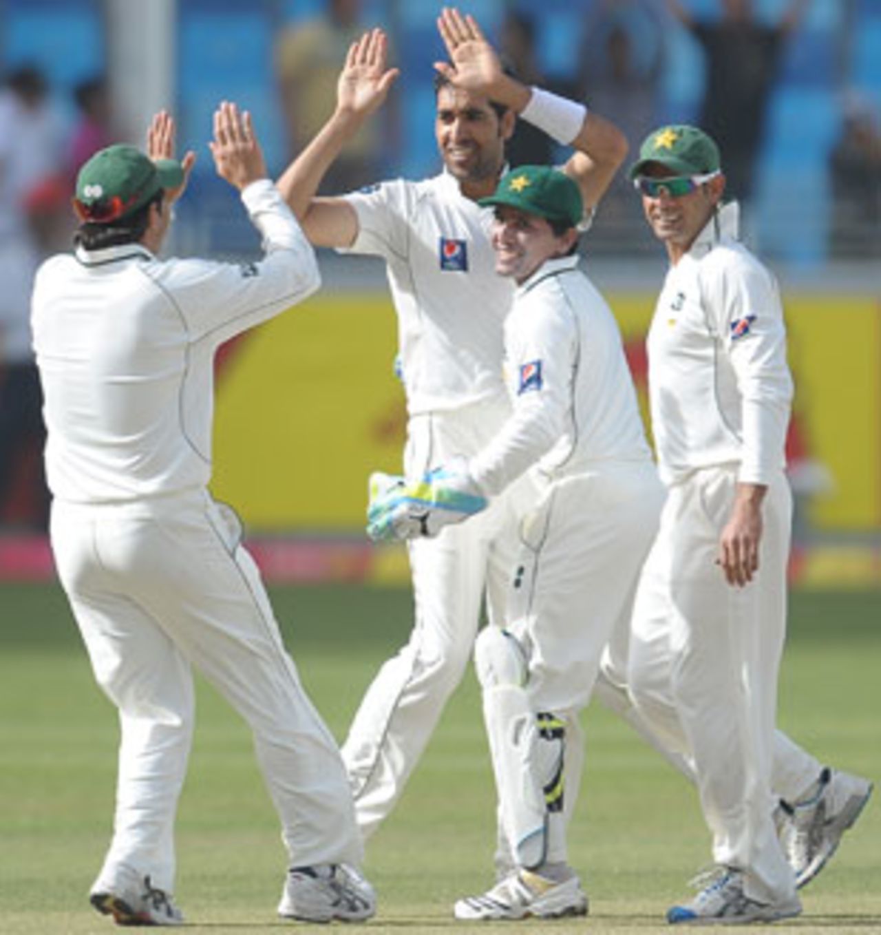 Umar Gul celebrates his third wicket, Pakistan v England, 3rd Test, Dubai, 4th day, February 6, 2012 