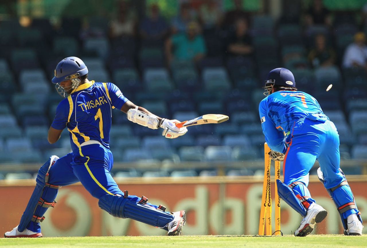 MS Dhoni stumps Thisara Perera off R Ashwin's bowling, India v Sri Lanka, CB Series, 2nd ODI, Perth, February 8, 2012
