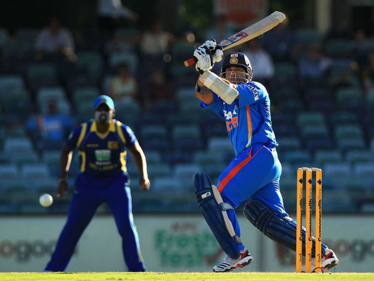 Sachin Tendulkar lofts over the leg side, India v Sri Lanka, CB Series, 2nd ODI, Perth, February 8, 2012