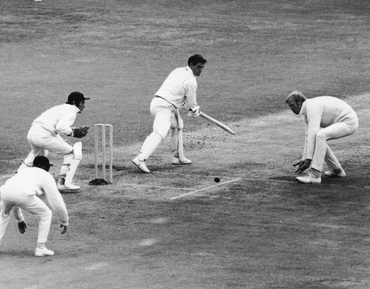 Tony Greig fields at silly point to Vic Pollard, England v New Zealand, first Test, Trent Bridge, Nottingham, June 11, 1973