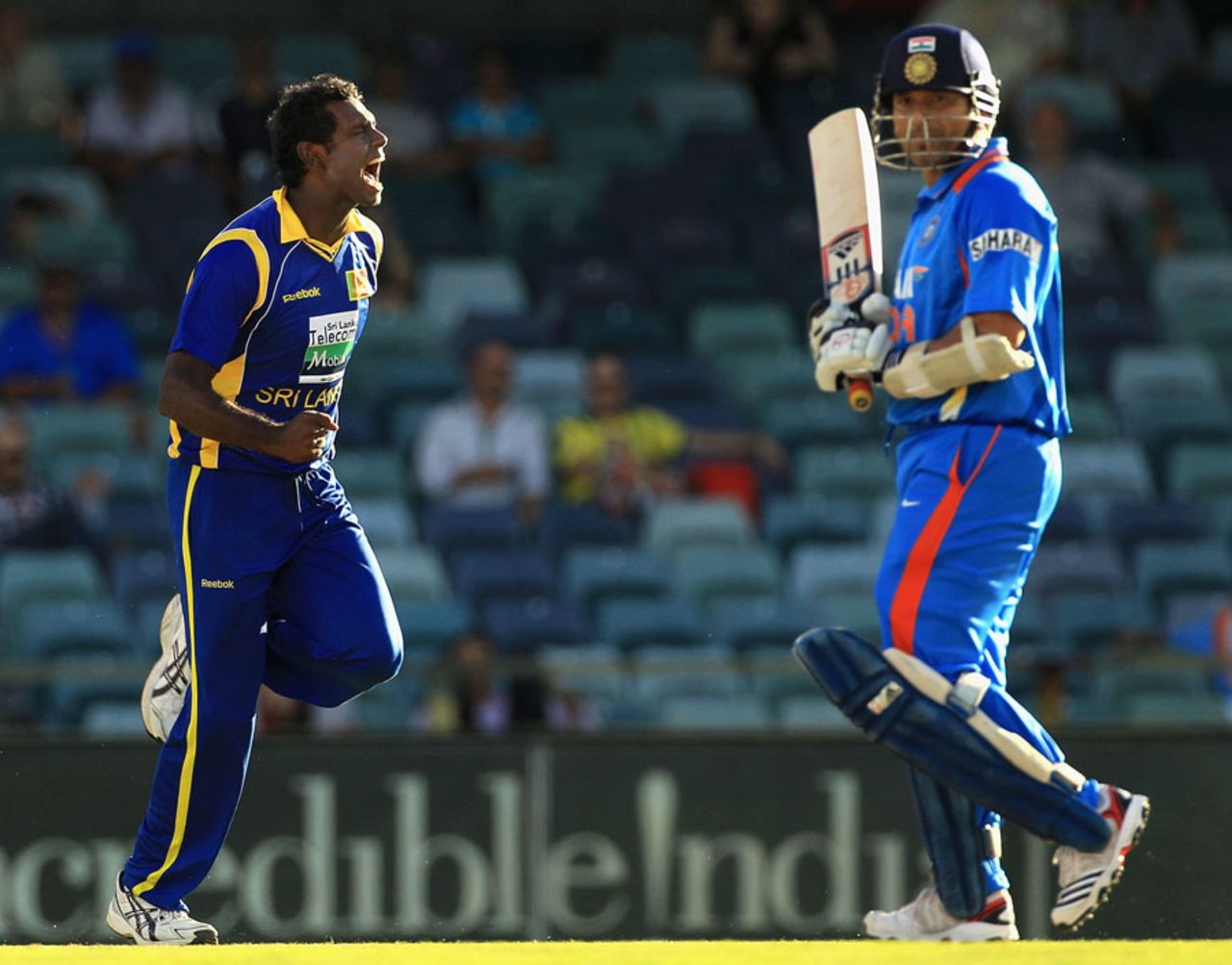 Angelo Mathews celebrates dismissing Sachin Tendulkar, India v Sri Lanka, CB Series, 2nd ODI, Perth, February 8, 2012
