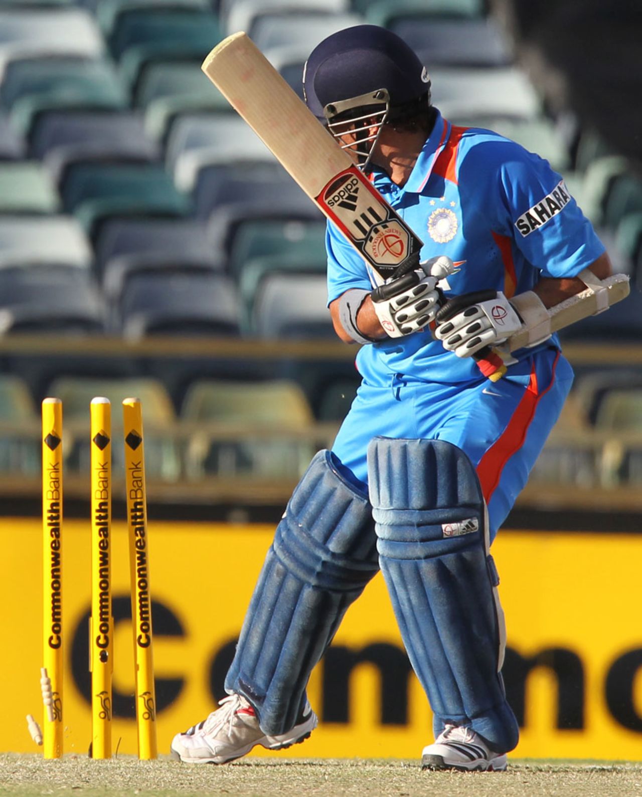 Sachin Tendulkar chops Angelo Mathews onto the stumps, India v Sri Lanka, CB Series, 2nd ODI, Perth, February 8, 2012