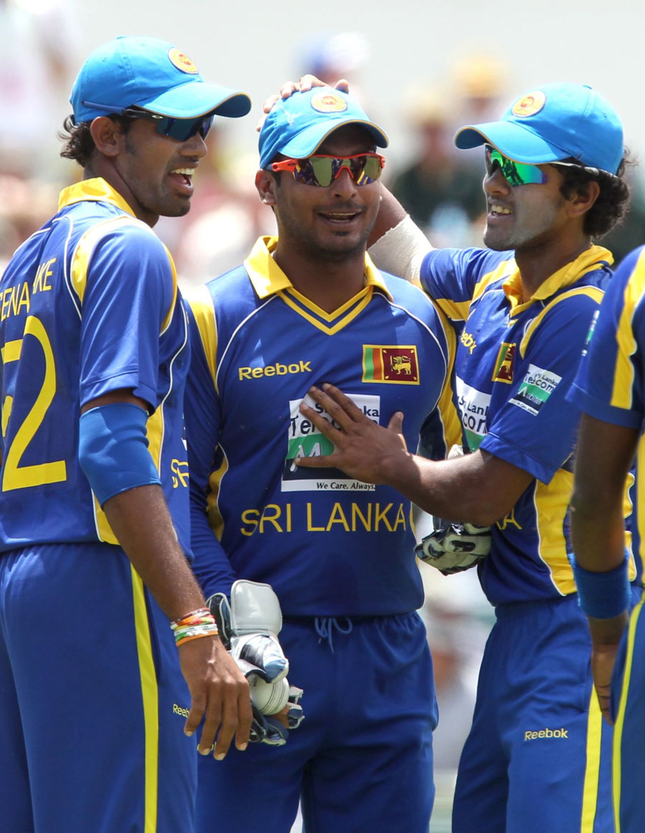 Kumar Sangakkara is congratulated after catching Matthew Wade, Australia v Sri Lanka, Commonwealth Bank Series, Perth, February 10, 2012