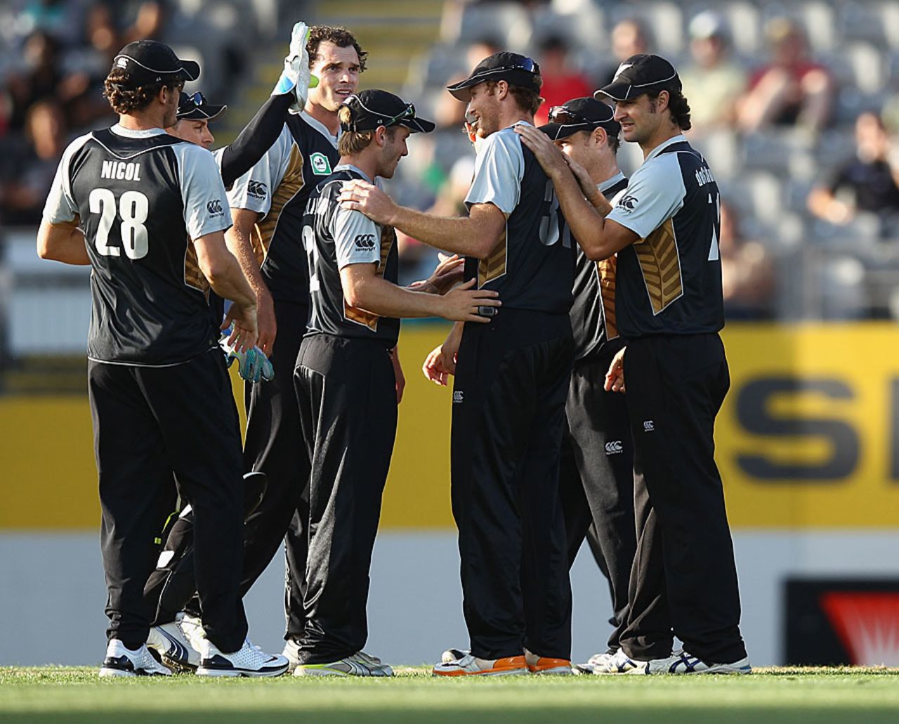 New Zealand celebrate a wicket, New Zealand v Zimbabwe, 1st Twenty20, Auckland, February 11, 2012