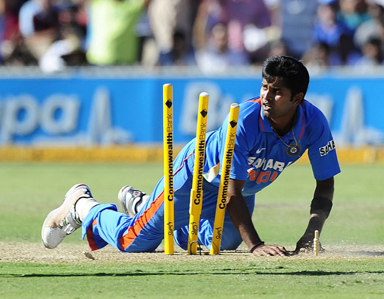 Vinay Kumar was involved in the run out of Clint McKay, Australia v India, Commonwealth Bank Series, Adelaide, February 12, 2012
