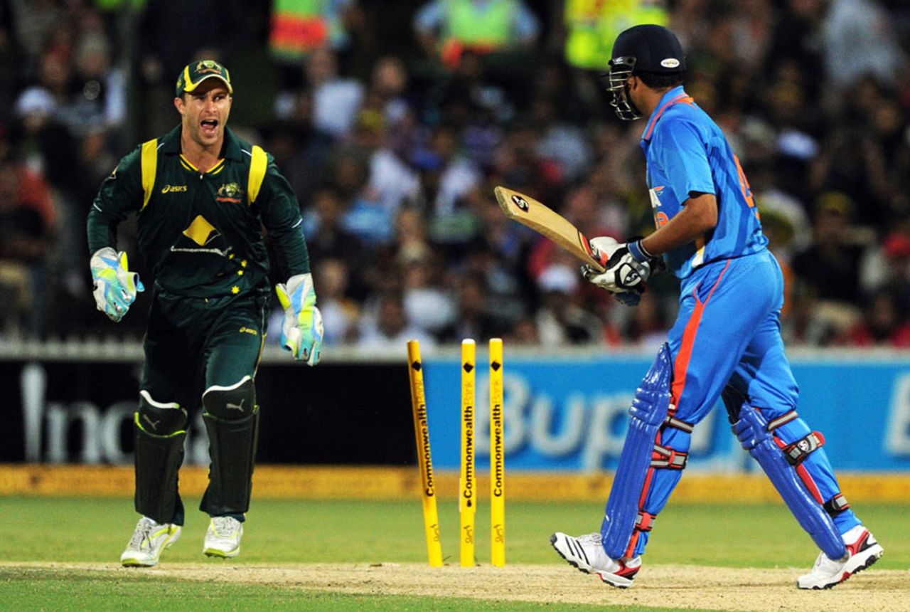 Suresh Raina was bowled for a quick 38, Australia v India, Commonwealth Bank Series, Adelaide, February 12, 2012