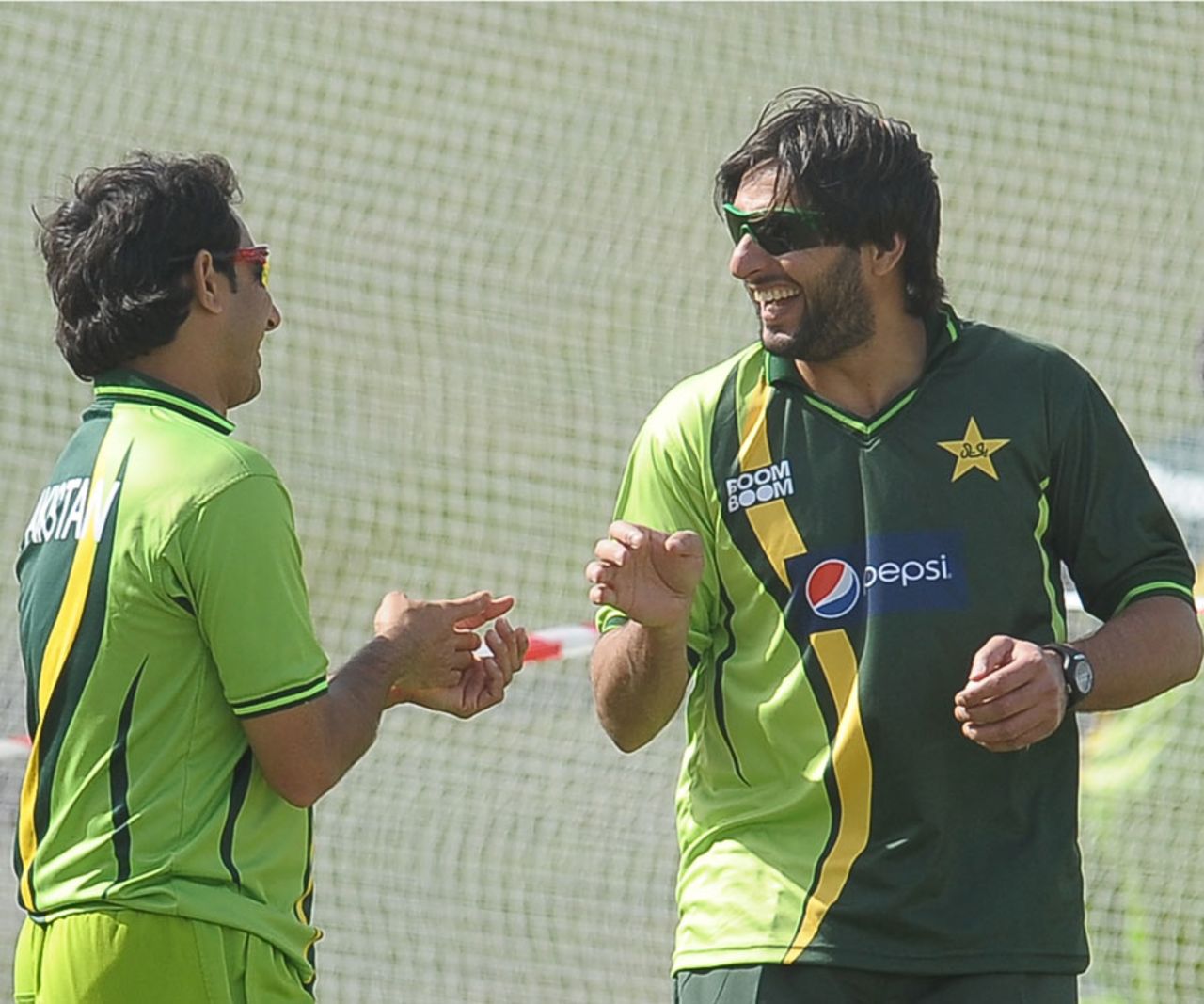 Saeed Ajmal and Shahid Afridi in the nets, Abu Dhabi, February 12, 2012