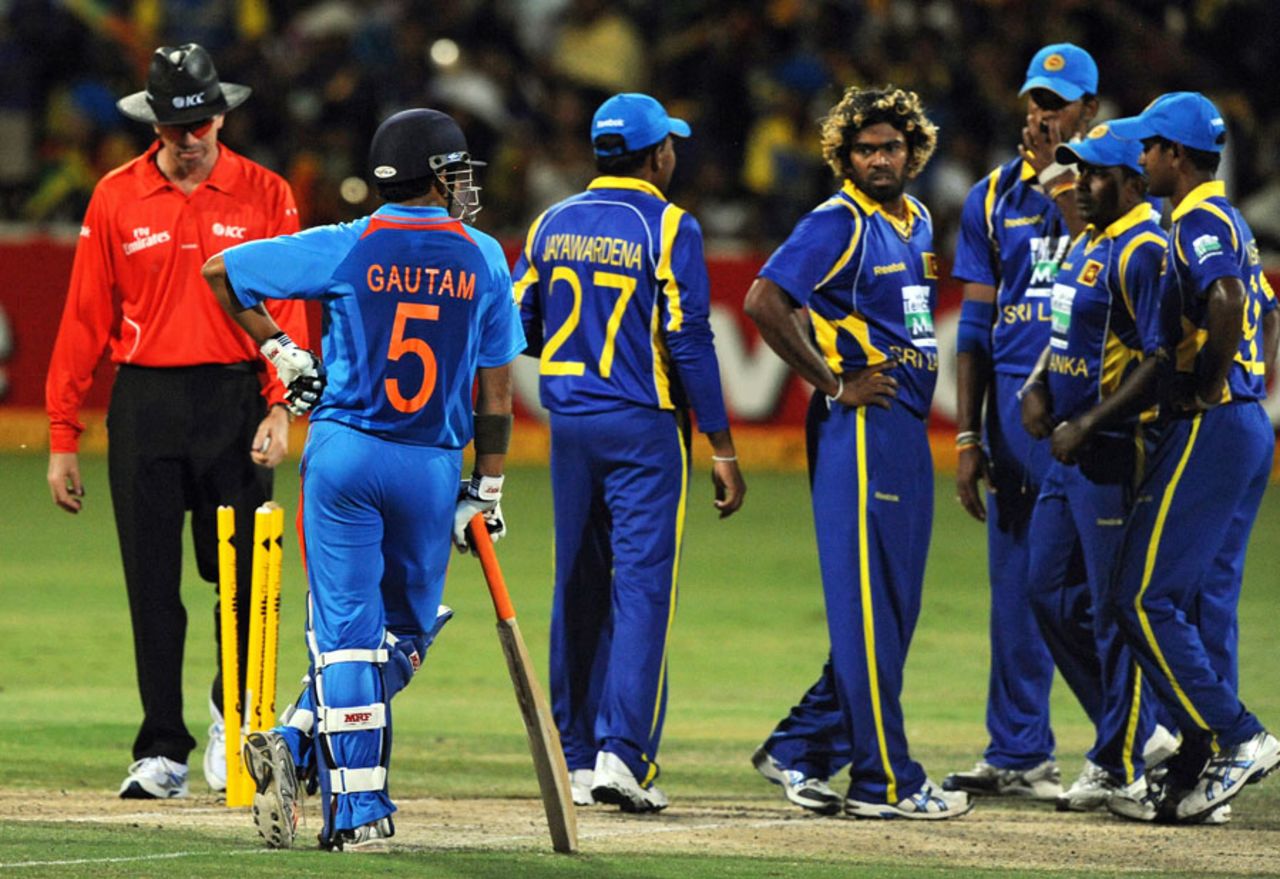 Gautam Gambhir and Sri Lanka await the third umpire's ruling on a run out, India v Sri Lanka, Commonwealth Bank Series, Adelaide, February 14, 2012