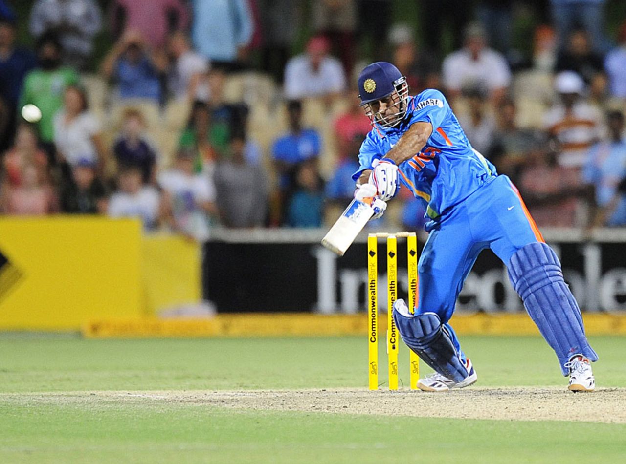 MS Dhoni carves the final ball through the offside for three, India v Sri Lanka, Commonwealth Bank Series, Adelaide, February 14, 2012
