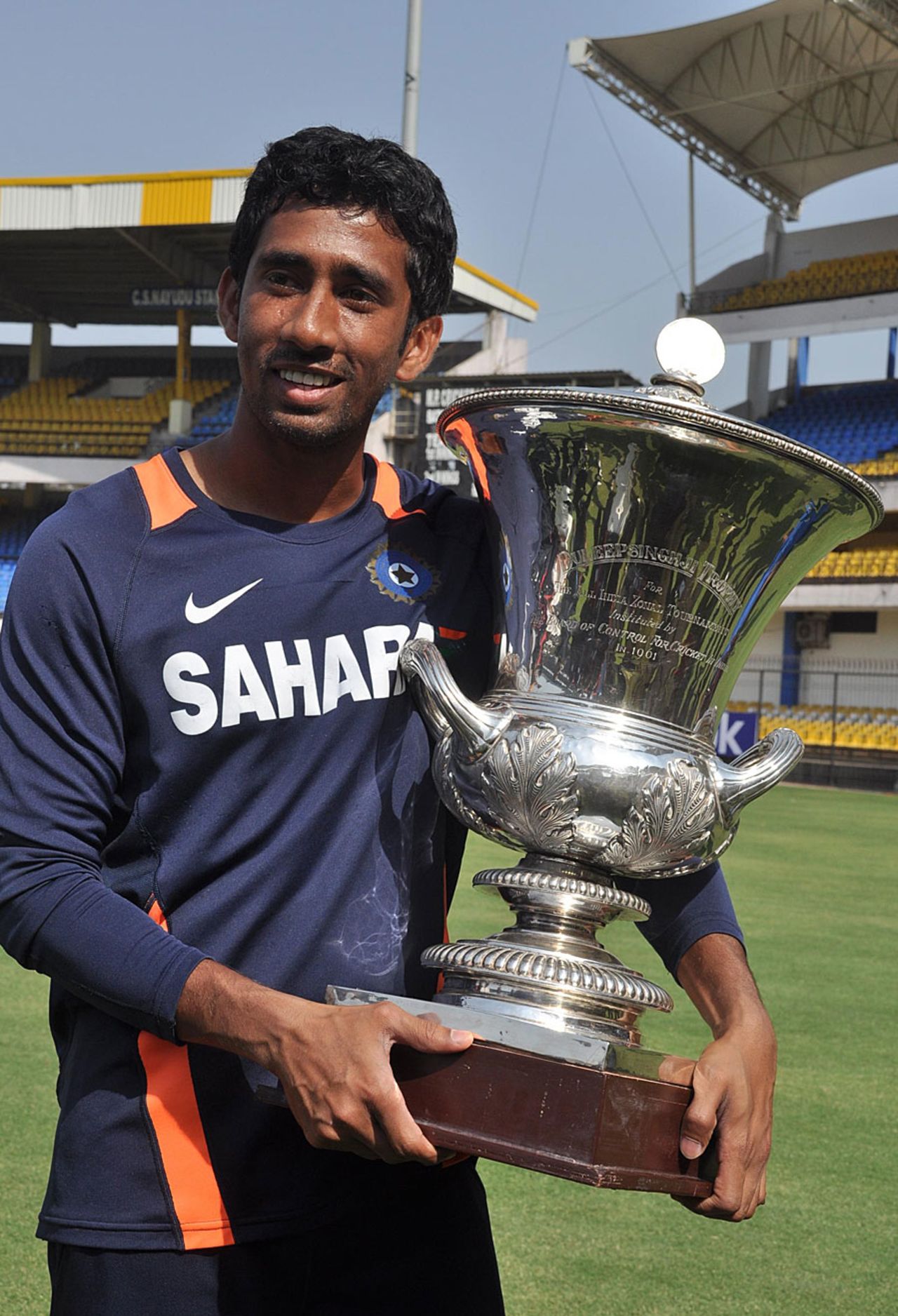 Wriddhiman Saha shows off the Duleep Trophy after East Zone's victory, Duleep Trophy, Central Zone v East Zone, Indore, 3rd day, February 14, 2012