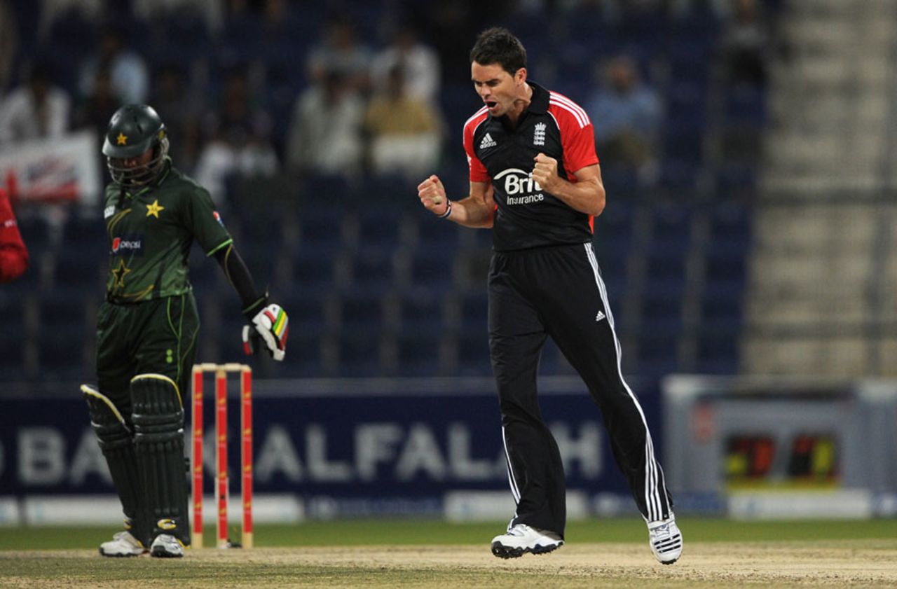 James Anderson celebrates the breakthrough, Pakistan v England, 2nd ODI, Abu Dhabi, February 15, 2012