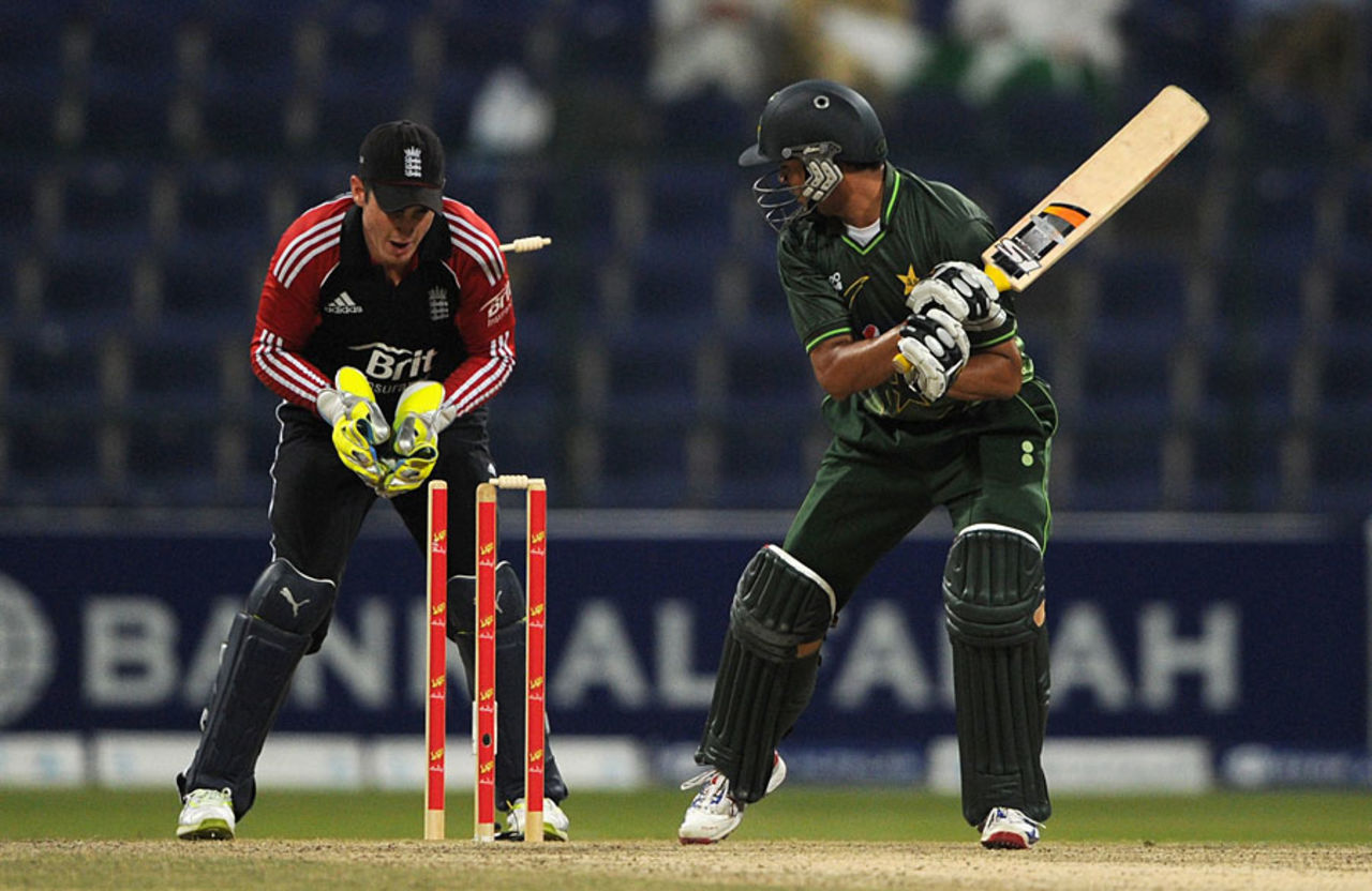 Azhar Ali was bowled by Samit Patel attempting to cut, Pakistan v England, 2nd ODI, Abu Dhabi, February 15, 2012