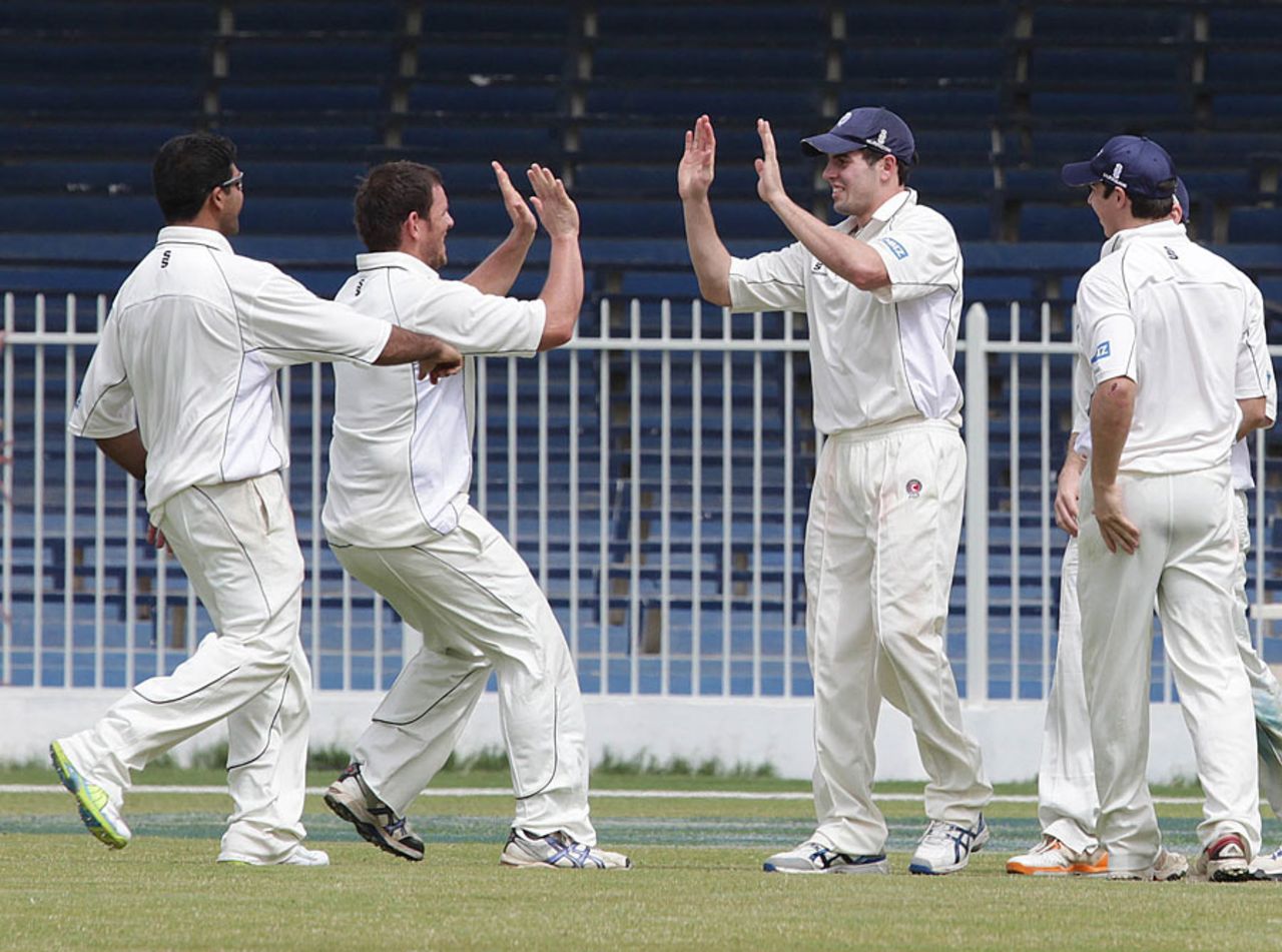 Gordon Goudie celebrates one of his three wickets, UAE v Scotland, Intercontinental Cup, 1st day, Sharjah, February 16, 2012