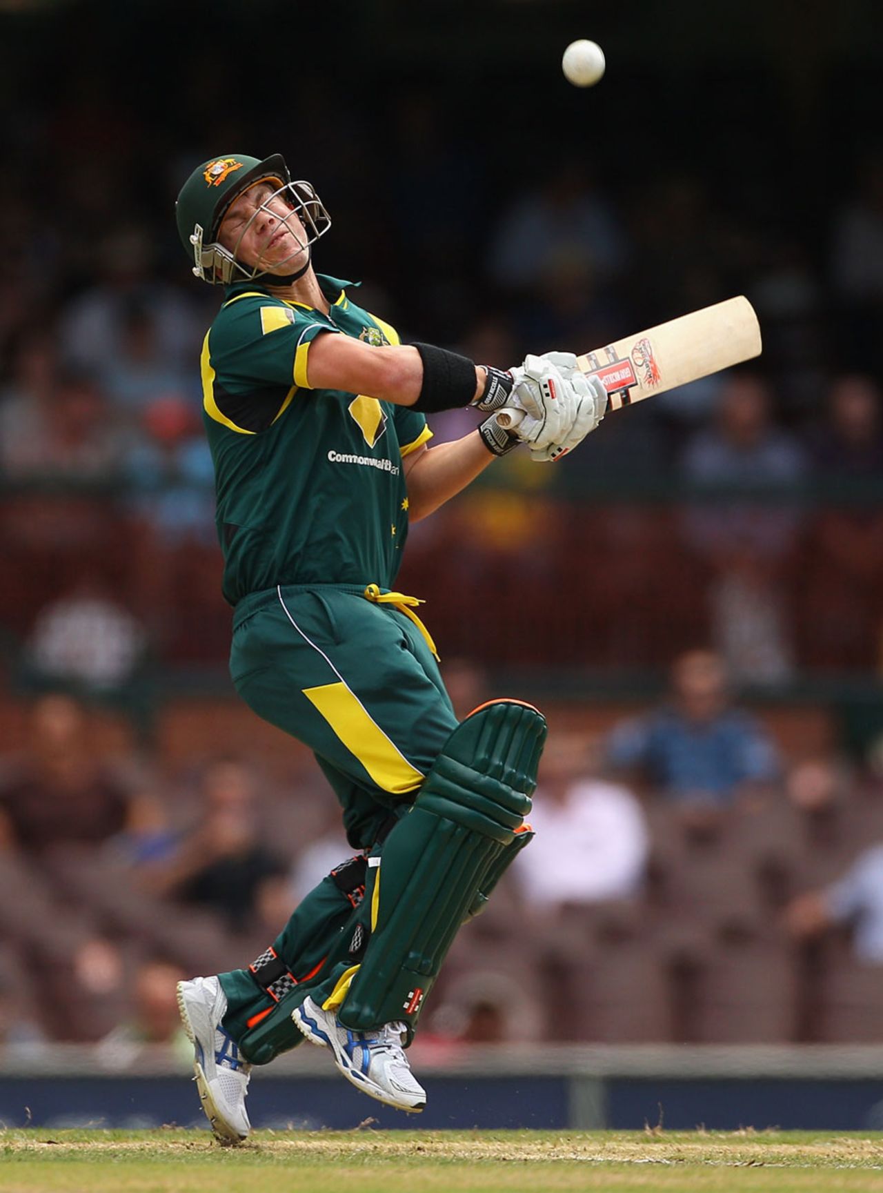 David Warner gets into an awkward position as he plays the pull, Australia v Sri Lanka, CB Series, Sydney, February 17, 2012