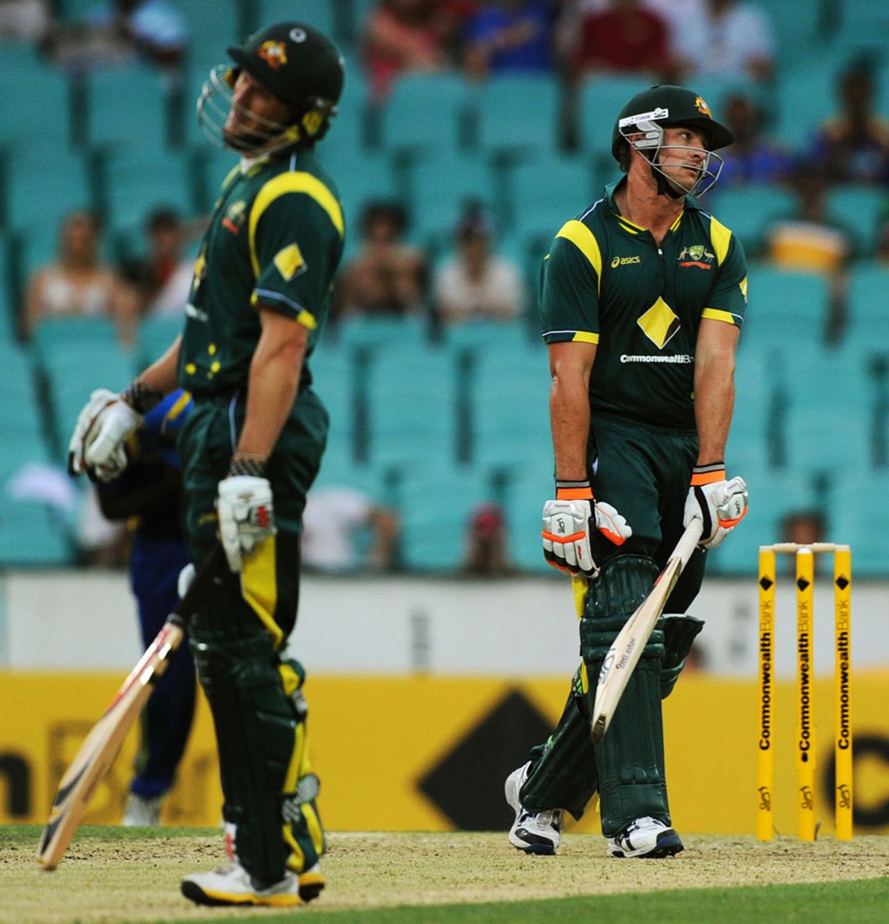 David Hussey and Peter Forrest are forlorn after the latter's dismissal, Australia v Sri Lanka, CB Series, Sydney, February 17, 2012
