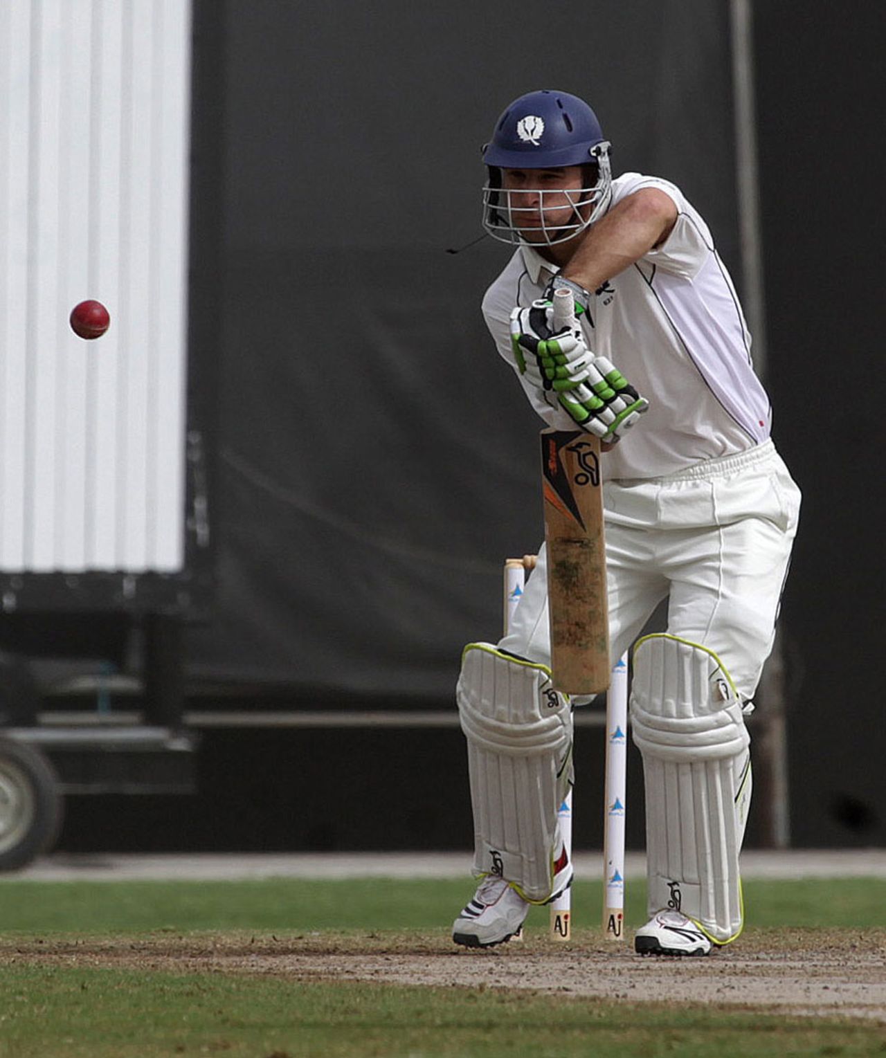 Simon Smith defends during his half-century, UAE v Scotland, Intercontinental Cup, 2nd day, Sharjah, February 17, 2012