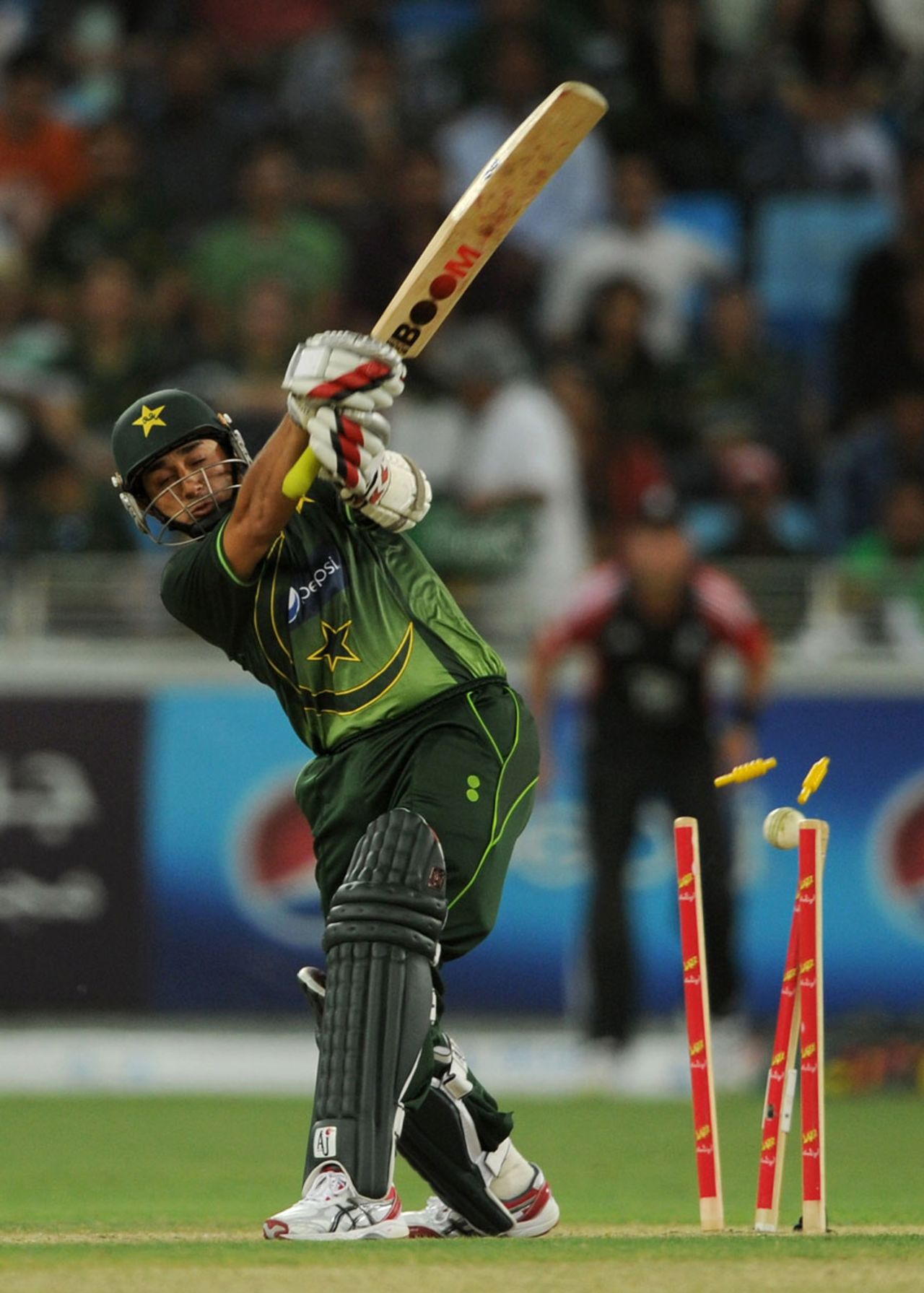 Saeed Ajmal swings and misses, Pakistan v England, 3rd ODI, Dubai, February, 18, 2012