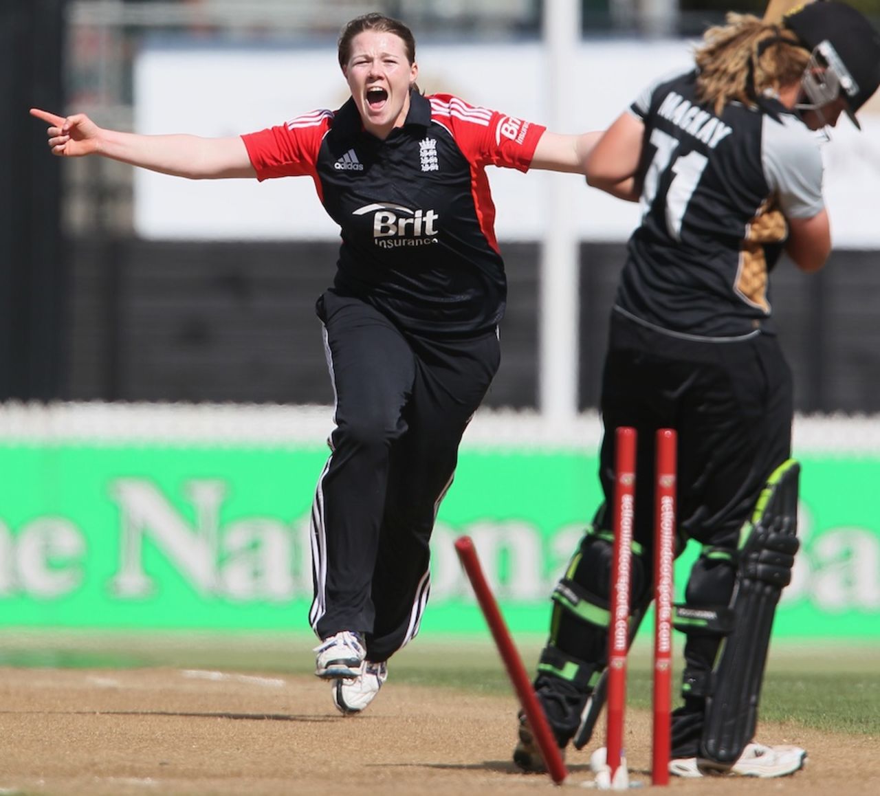 Anya Shrubsole celebrates bowling Frances MacKay, New Zealand Women v England Women, 2nd T20, Hamilton, February 19, 2012