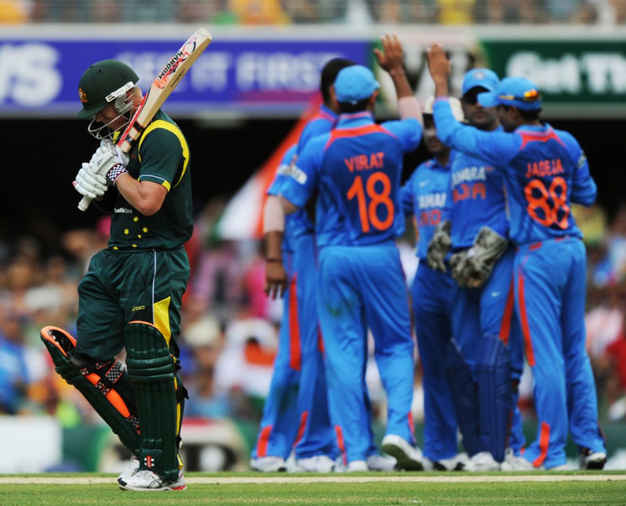 David Warner is dejected after falling for 43, Australia v India, CB Series, Brisbane, February 19, 2012