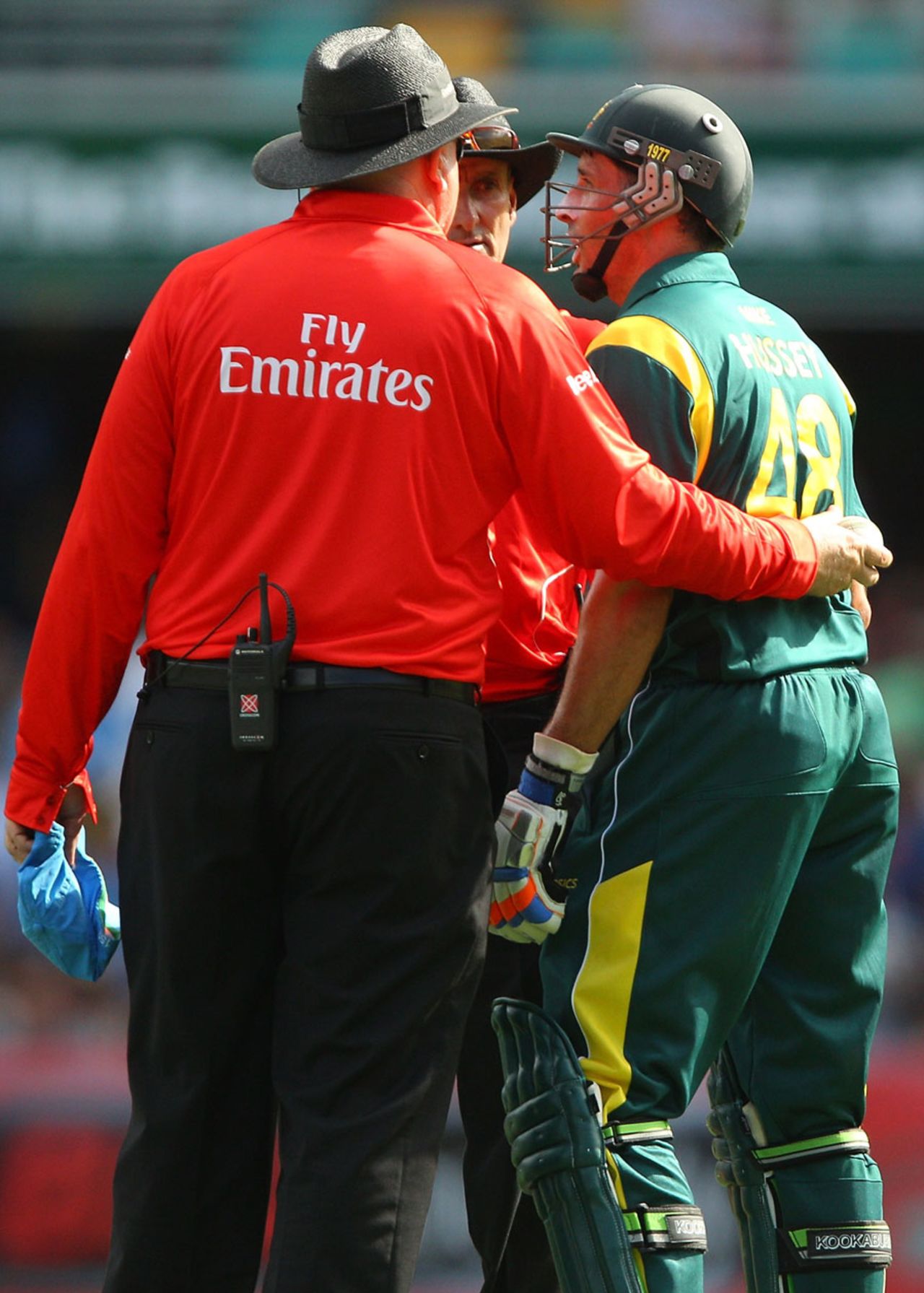 Michael Hussey is recalled after being wrongly adjudged stumped by the third umpire Bruce Oxenford, Australia v India, CB Series, Brisbane, February 19, 2012