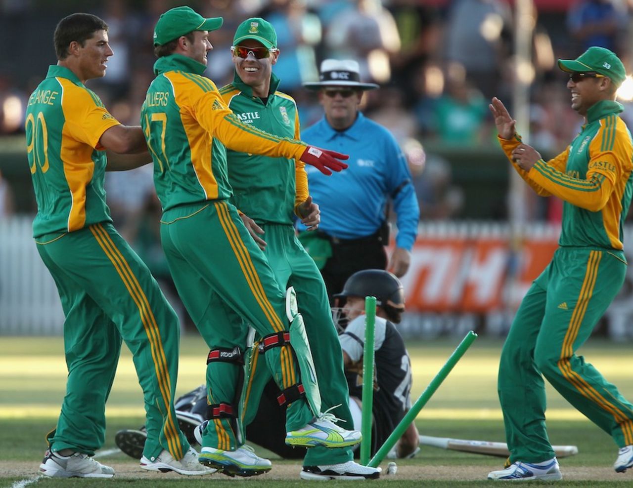 South Africa celebrate Rob Nicol's run-out, New Zealand v South Africa, 2nd Twenty20 international, Hamilton, February 19, 2012