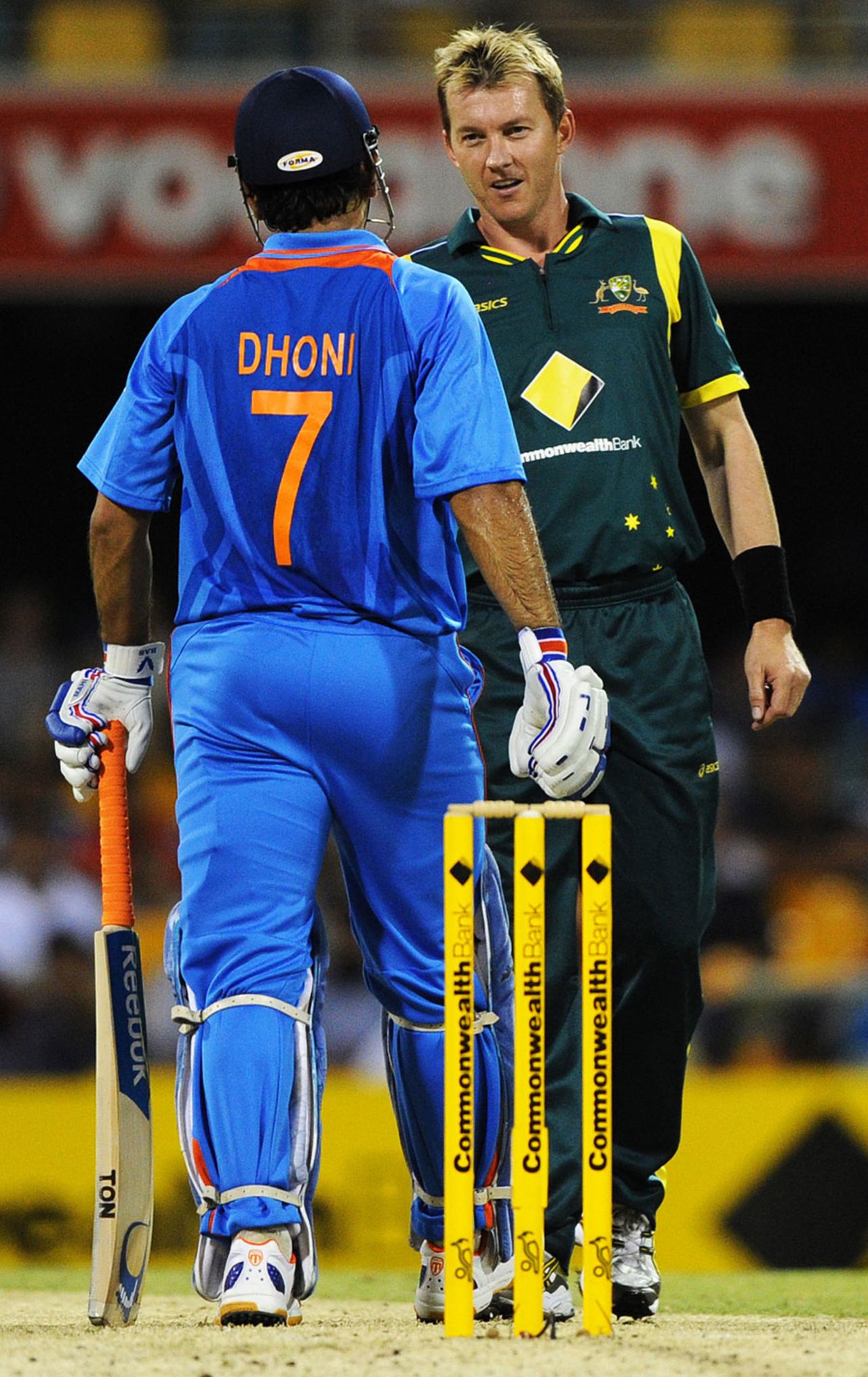 There was plenty of banter between Brett Lee and MS Dhoni, Australia v India, CB Series, Brisbane, February 19, 2012