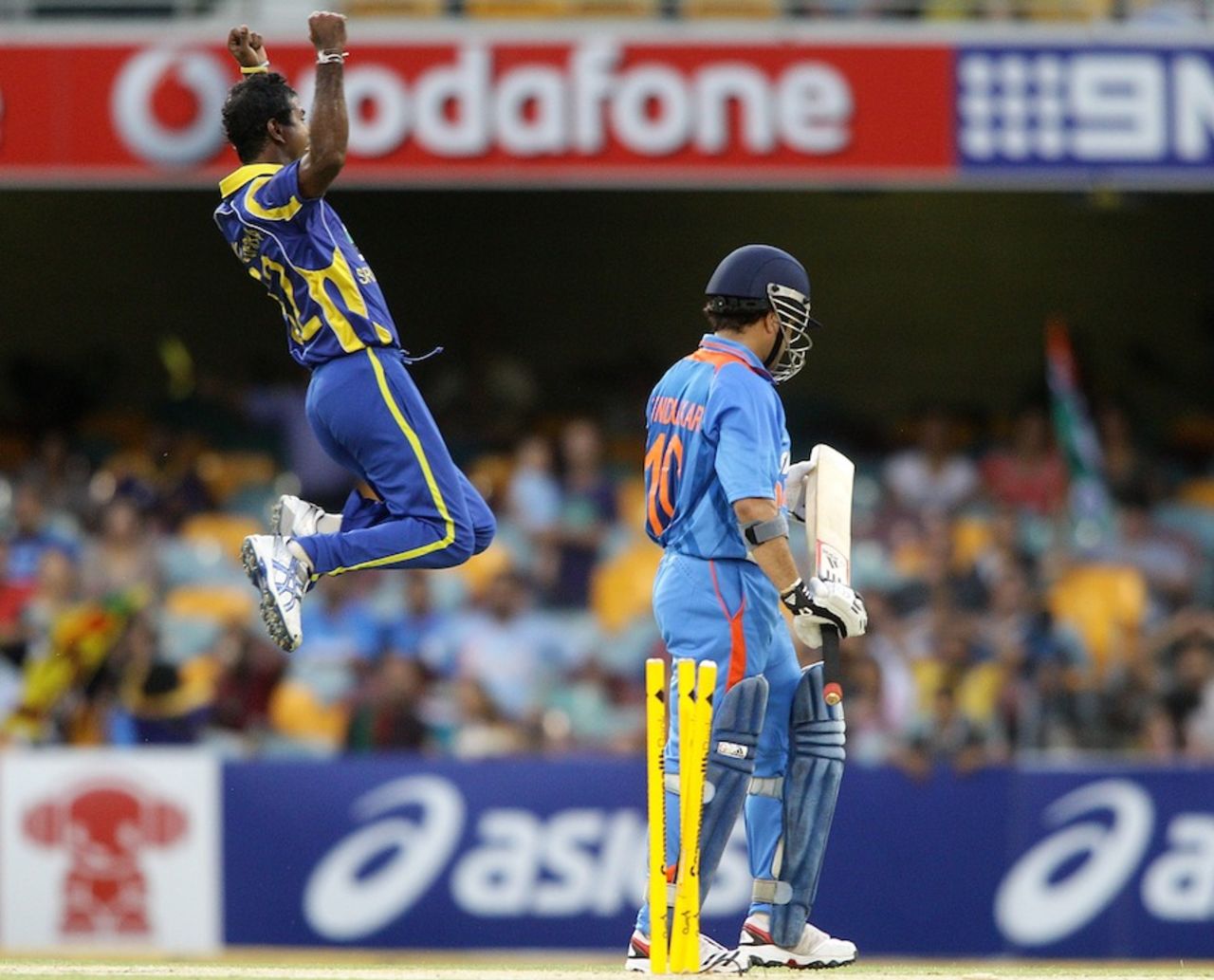 Nuwan Kulasekara celebrates Sachin Tendulkar's wicket, India v Sri Lanka, CB Series, Brisbane, February 21, 2012