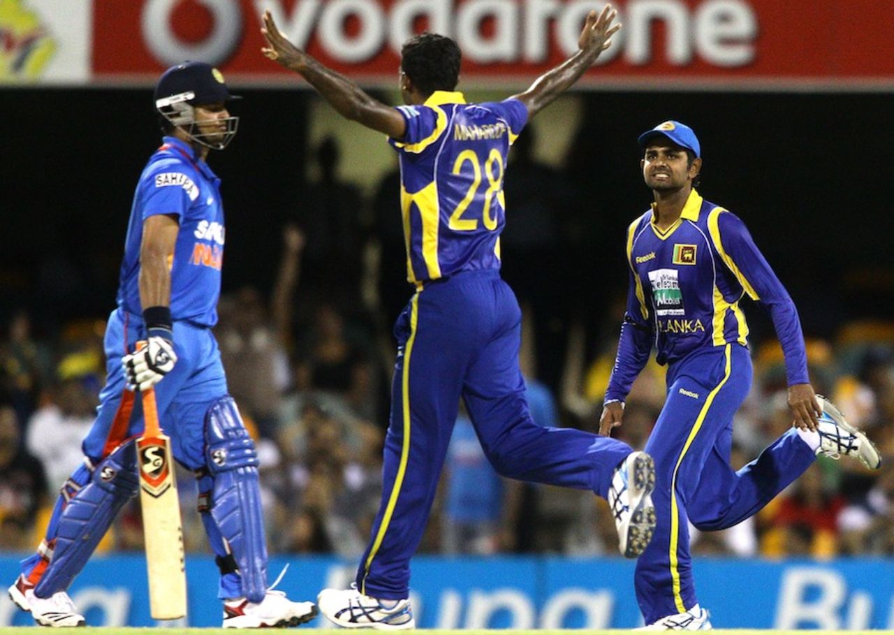 Farveez Maharoof celebrates Suresh Raina's wicket, India v Sri Lanka, CB Series, Brisbane, February 21, 2012