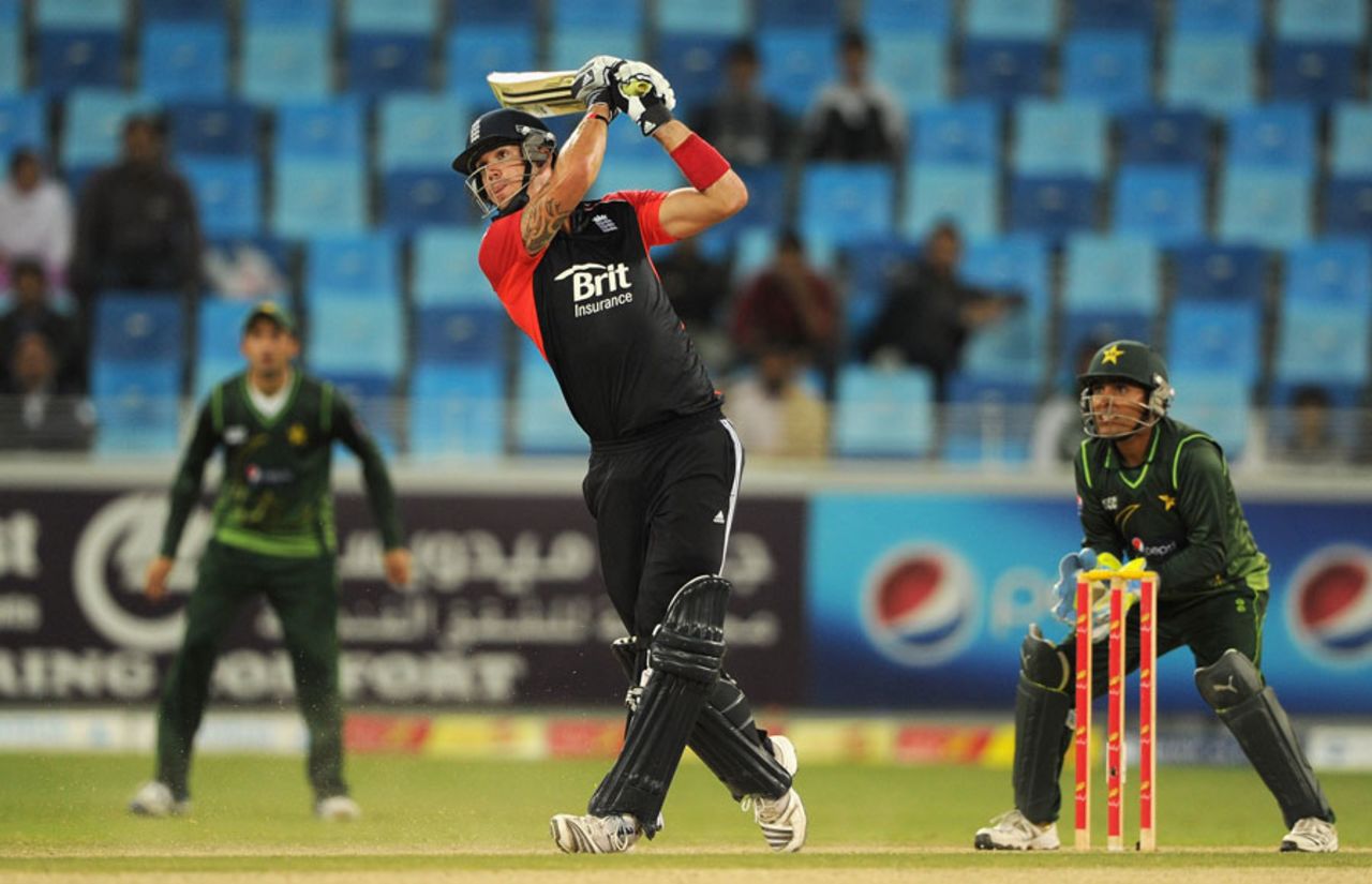 Kevin Pietersen hits out during his match-winning innings, Pakistan v England, 4th ODI, Dubai, February 21, 2012