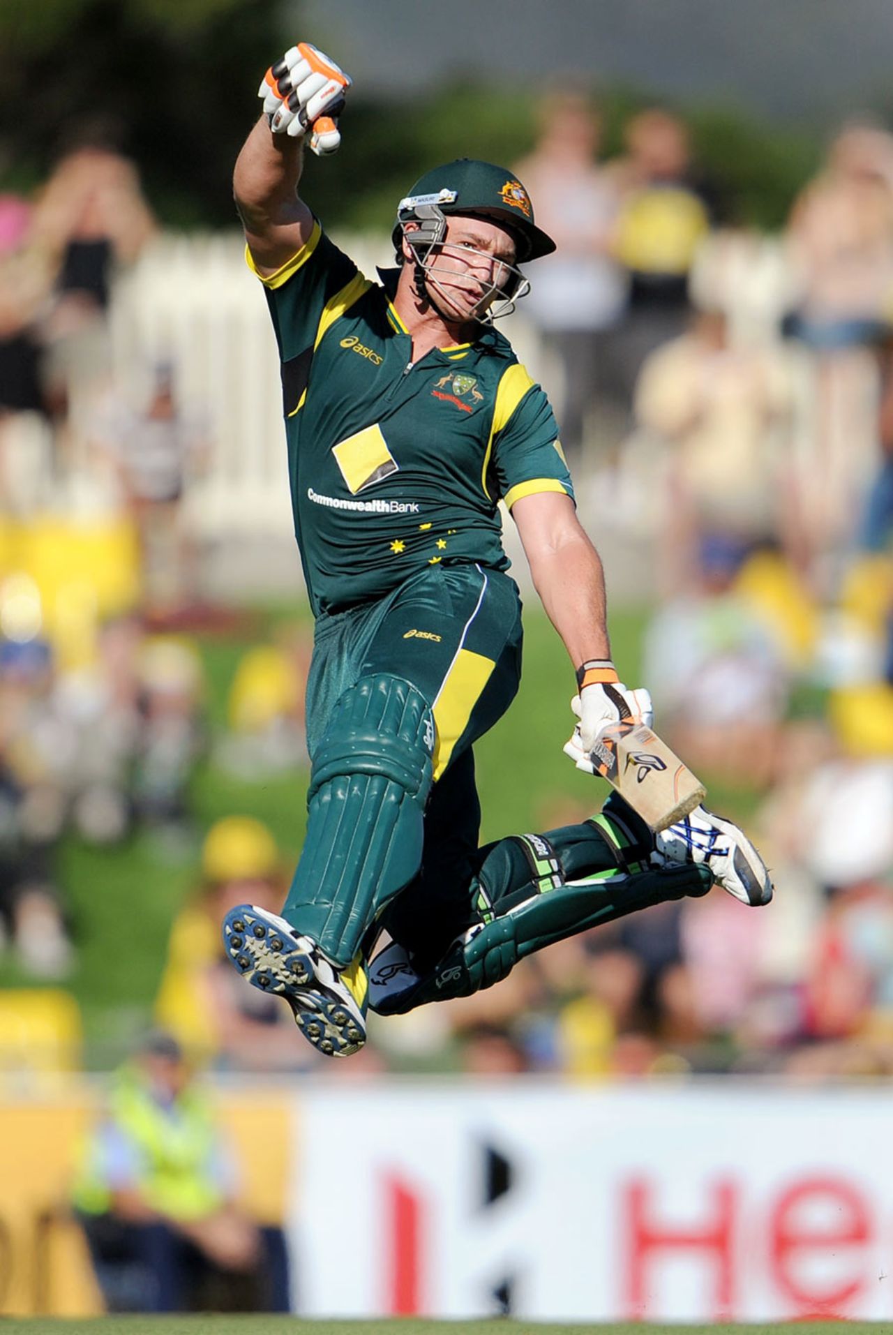 Peter Forrest jumps for joy on reaching his hundred, Australia v Sri Lanka, CB Series, Hobart, February 24, 2012