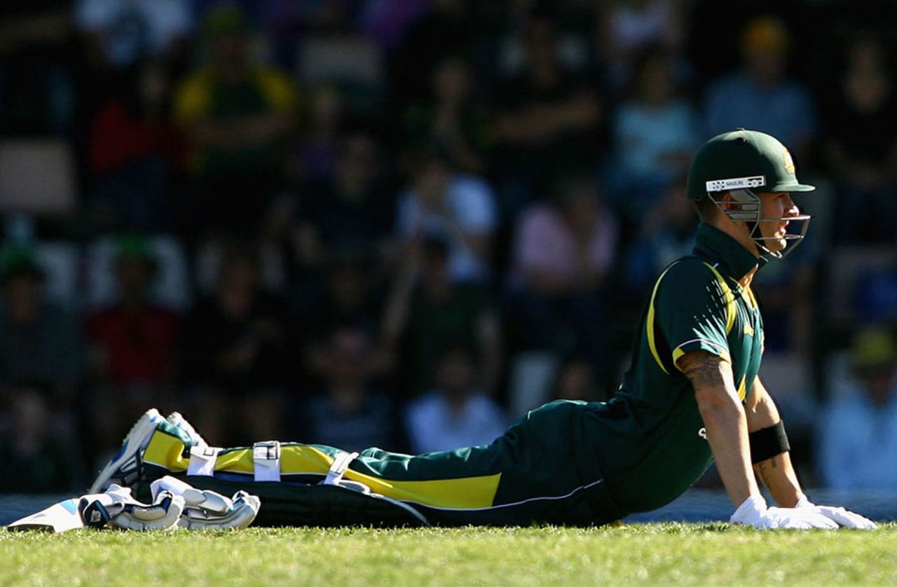 Michael Clarke had some back trouble during his innings, Australia v Sri Lanka, CB Series, Hobart, February 24, 2012