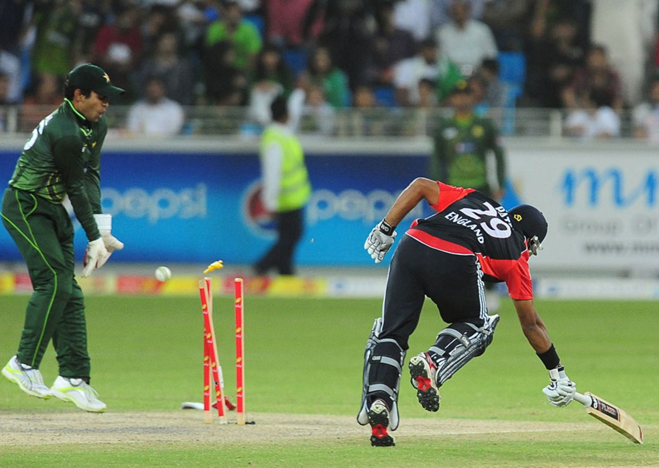 Samit Patel was run out by a direct hit from Saeed Ajmal, Pakistan v England, 2nd Twenty20, Dubai, February 25, 2012