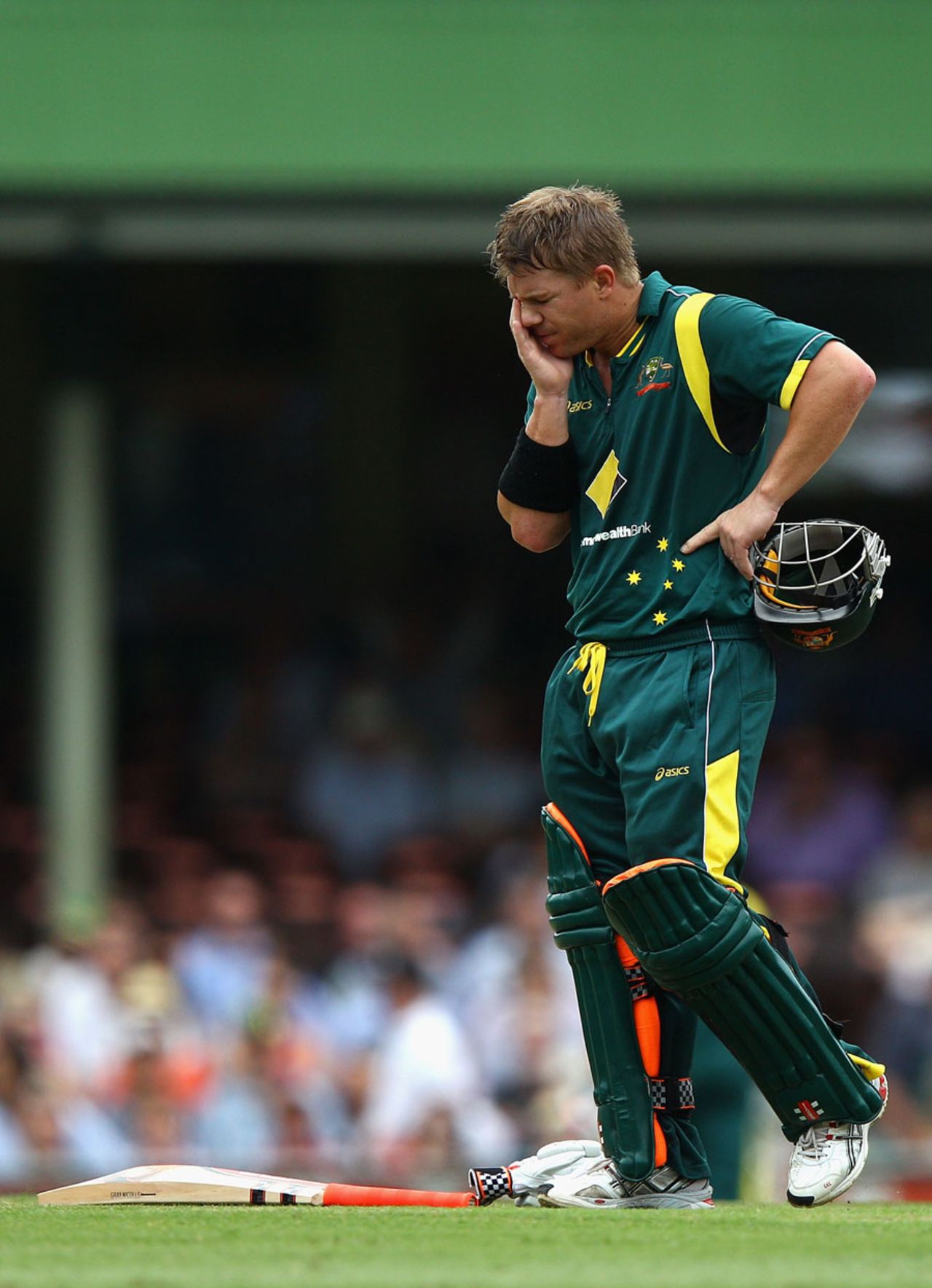 David Warner reacts after Michael Hussey is run out, Australia v India, CB Series, Sydney, February 26, 2012