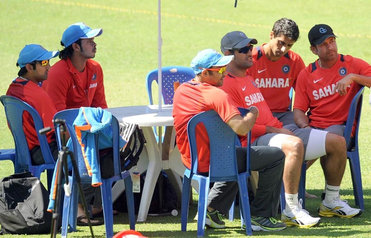 (From left) Gautam Gambhir, Sreesanth, Virender Sehwag, MS Dhoni, Ashish Nehra and Sachin Tendulkar rest during a training session, Bangalore, March 3, 2011.